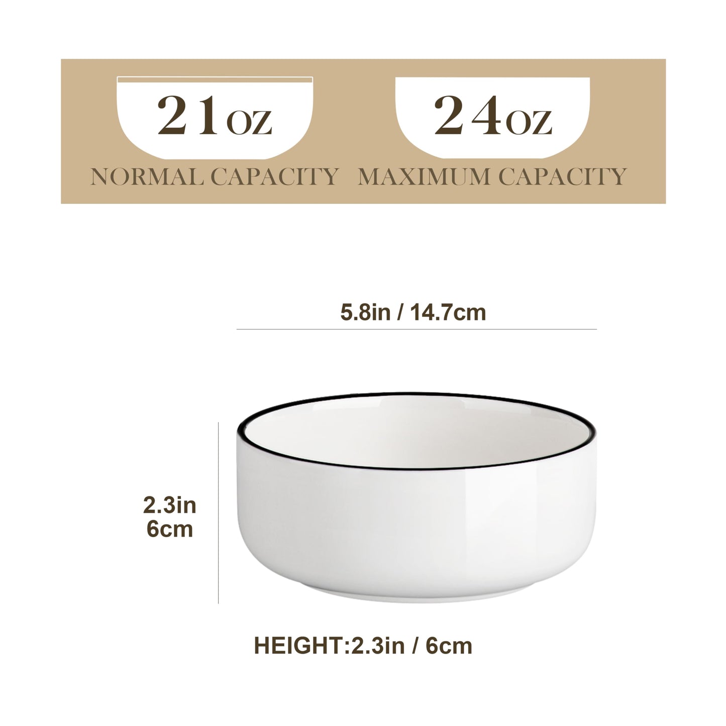 MALACASA 24 oz Cereal Bowls Set of 6 with Black Rim, Chip Resistant Premium Porcelain Salad Bowl, Ivory White Soup Bowls for Noodles, Dessert, Series