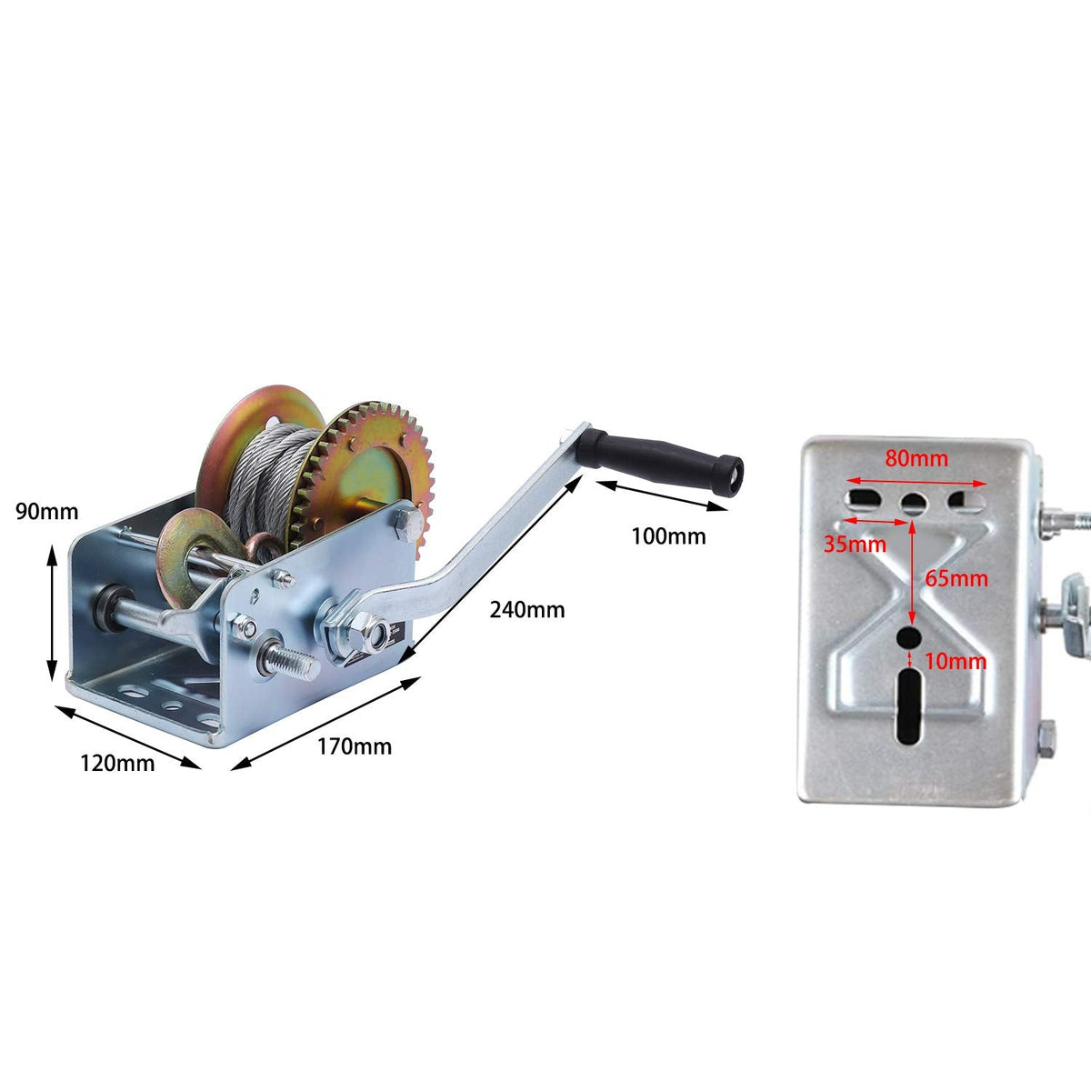 KATSU Heavy Duty Hand Winch, 2500LB 1100KG Car Boat Truck Trailer Winch with 10m Steel Wire Rope, Manual Crank Gear Cable Winch for Dual Ratchet and