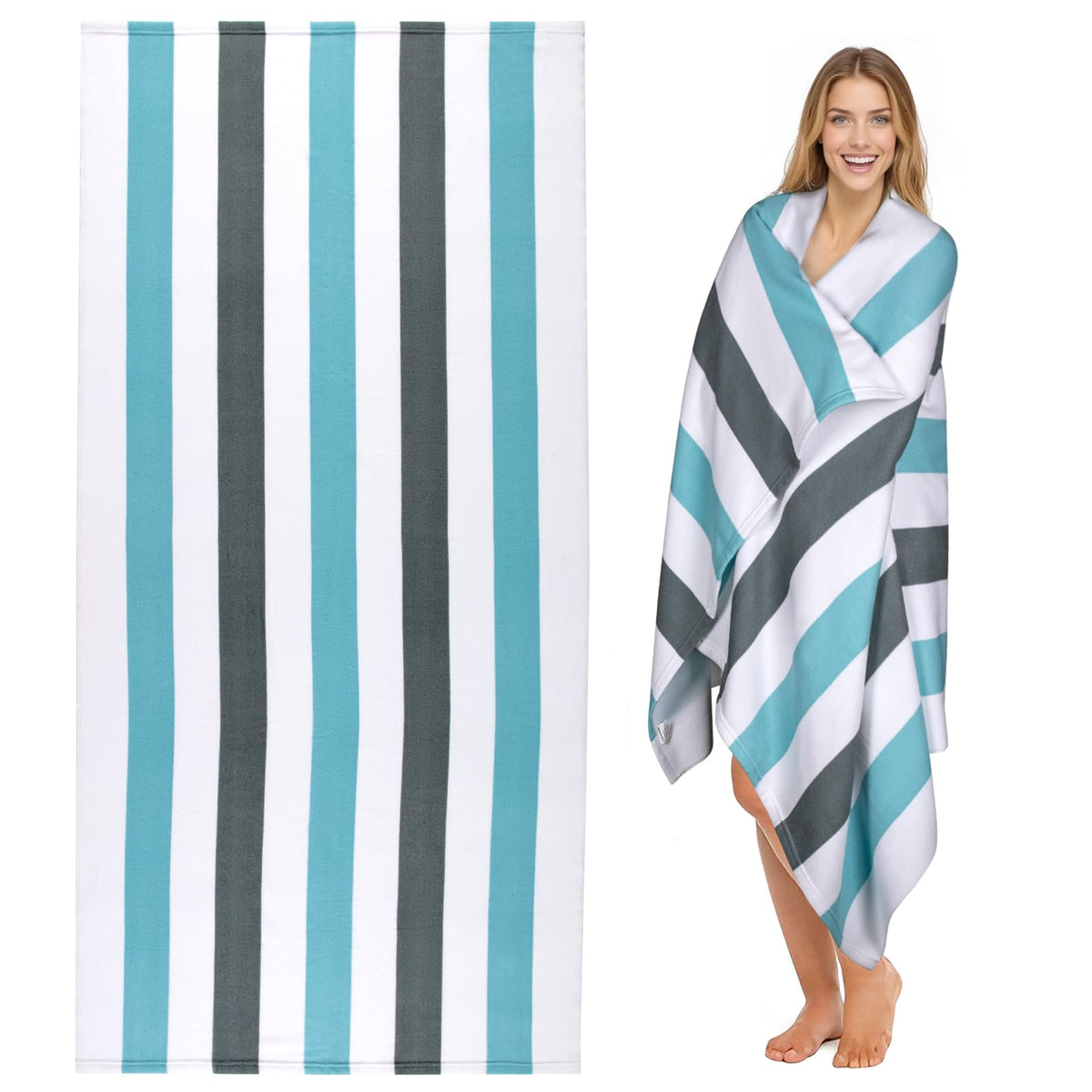 Ouxiaobai Large Oversized Beach Towel - Microfiber Sand Free 35 x 70 Inch Quick Dry Lightweight Pool Towel for Adults, Thin Striped Swim Towel