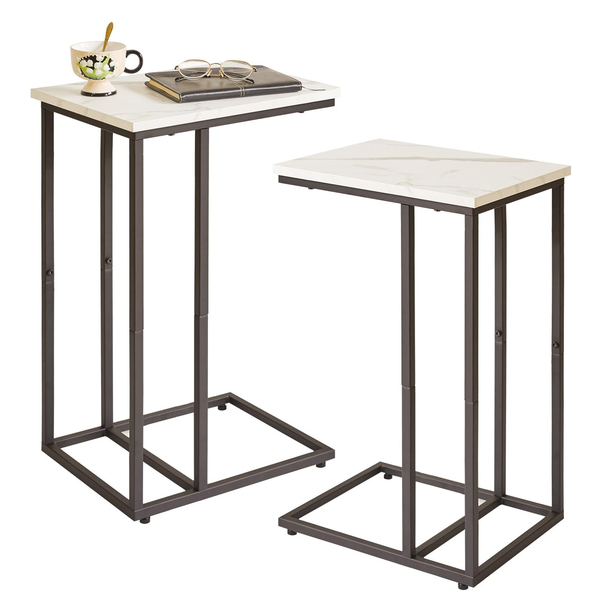 Aibiju Set of 2 C Shaped End Table for Sofa, Bedside Table, Couch Table with Metal Frame for living Room, Bedroom, Balcony, White Faux Marble and