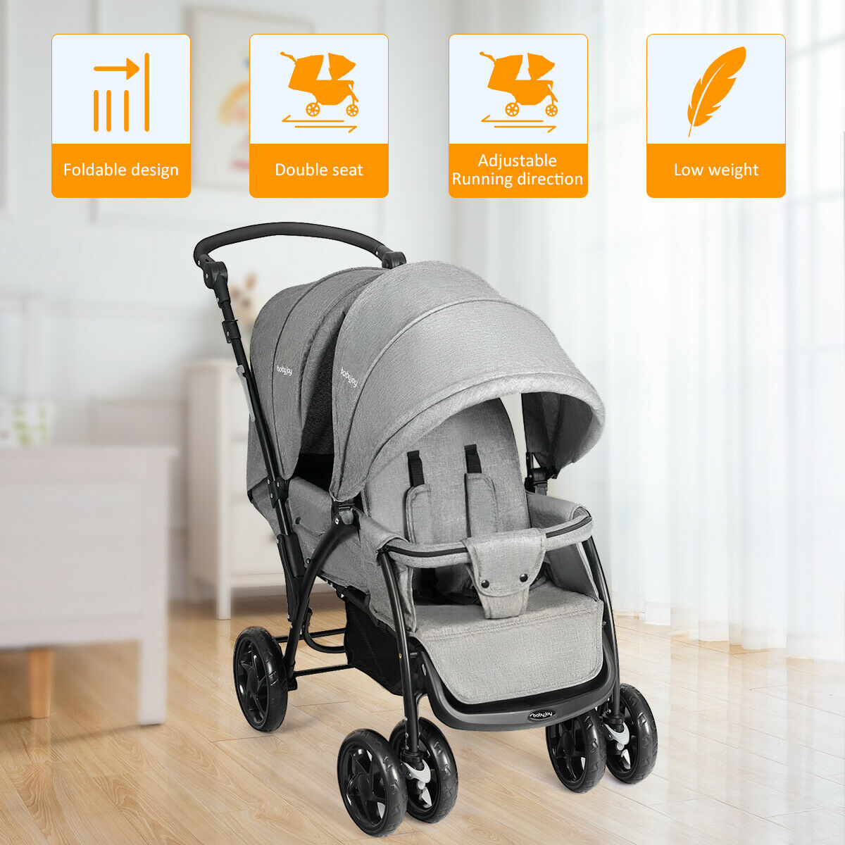 Double Pushchair with Adjustable Backrest and Sunshade-Blue