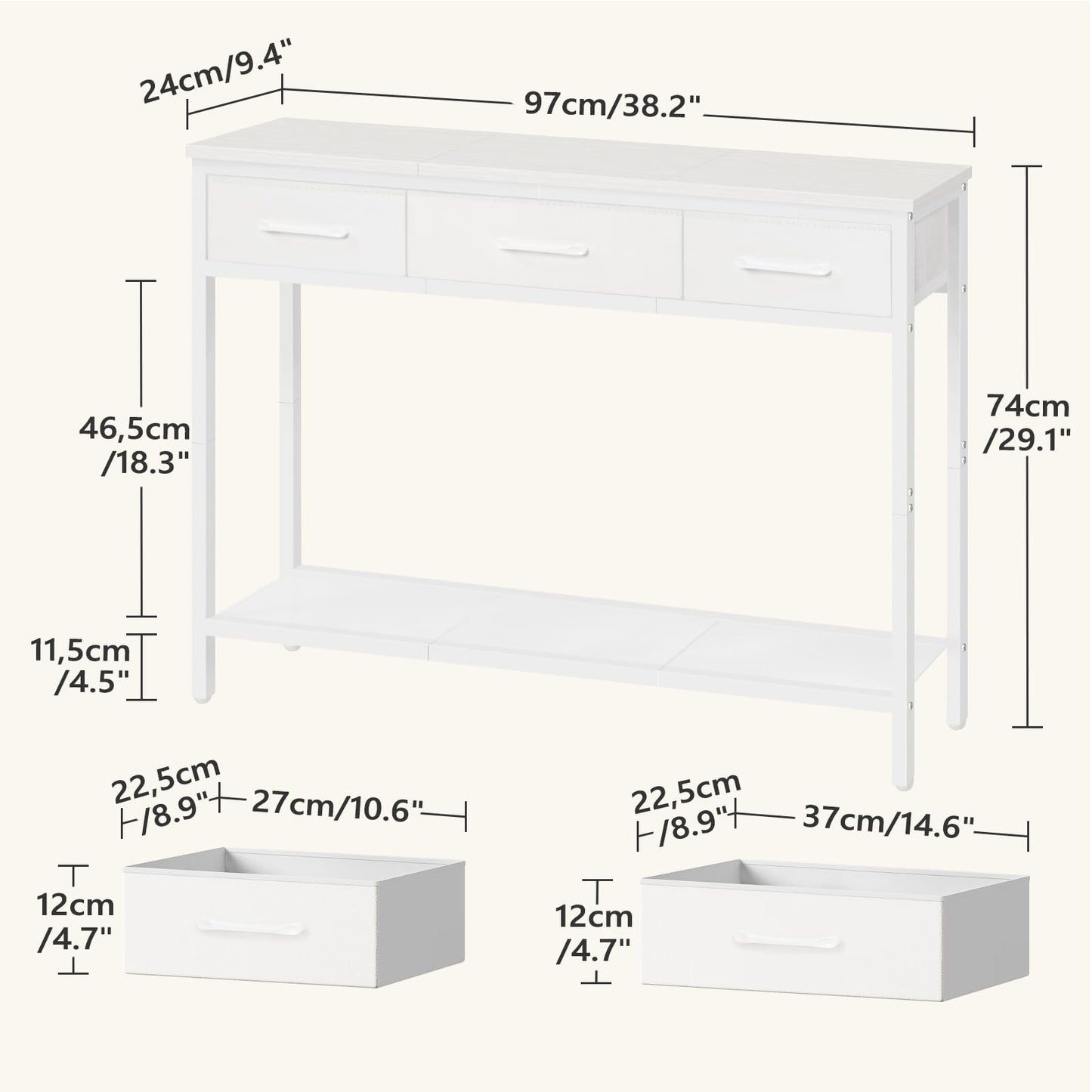 MAHANCRIS Console Table with 3 Fabric Drawers, Narrow Console Table with Open Shelf, 97 cm L Slim Entryway Table, Couch Table, for Hallway