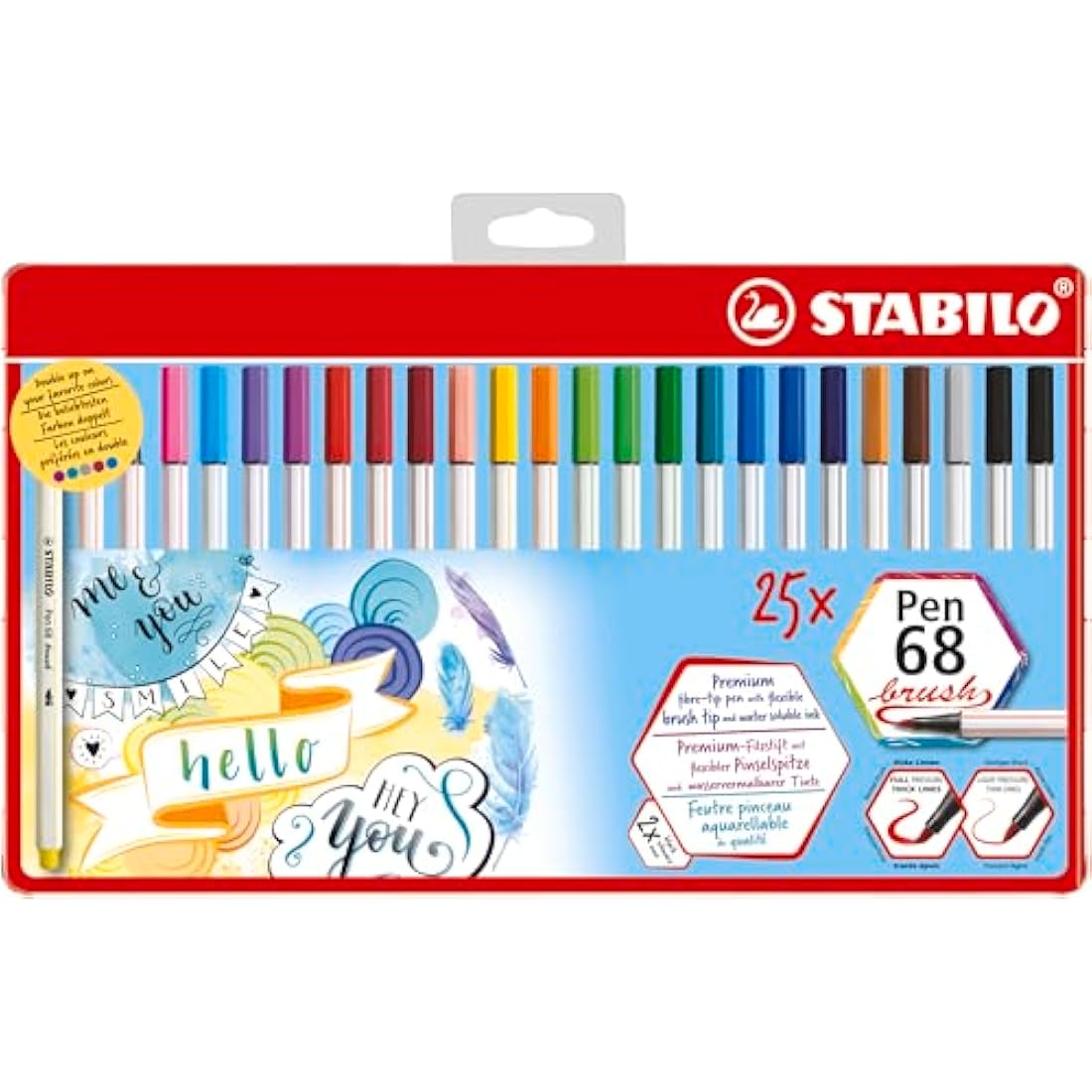 STABILO Premium Fibre-Tip Pen Pen 68 brush - Tin of 25-19 assorted colours - Hanging version