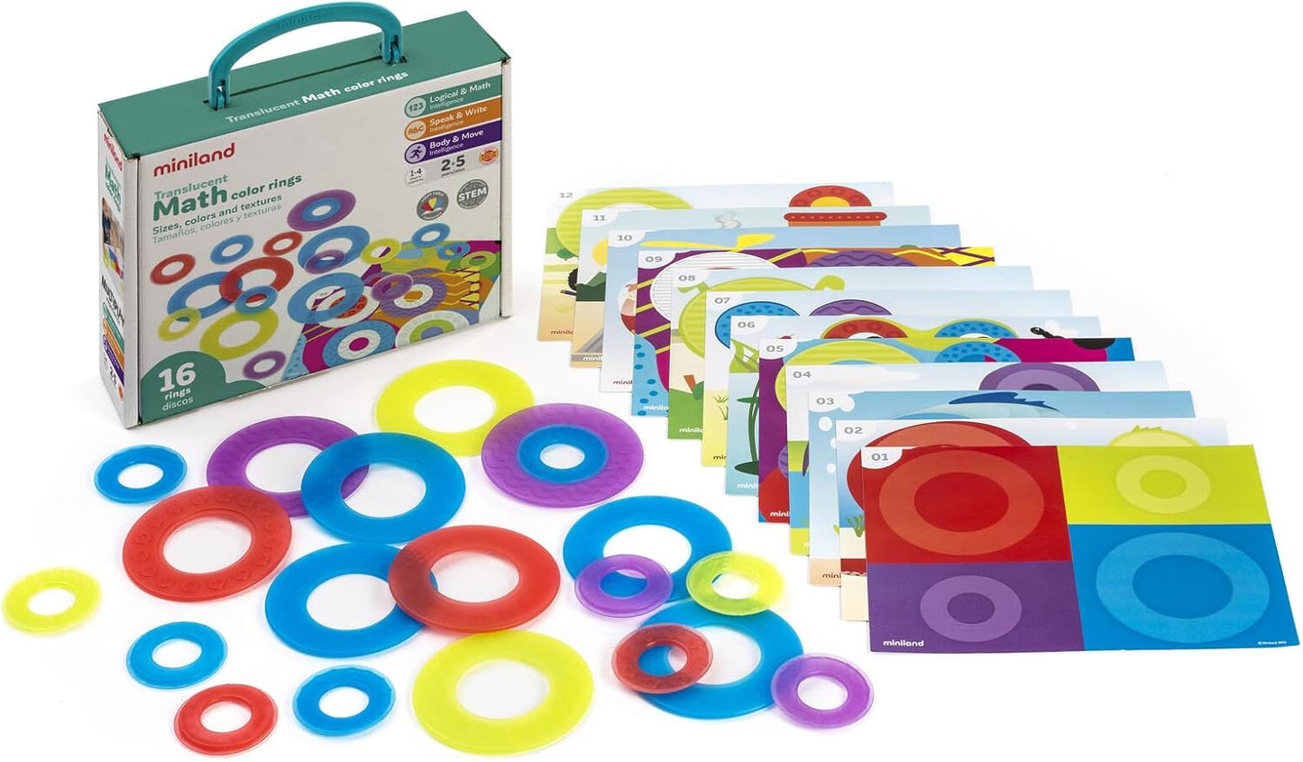 Miniland Translucent Math color rings, Used-good, but missing 1 small ring, open, scruffy box