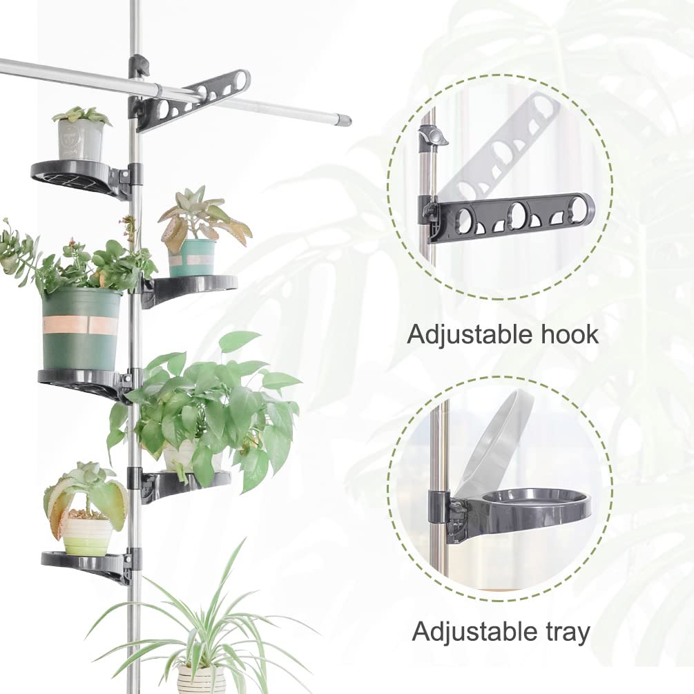 BAOYOUNI Indoor Plant Pole Stand Double Tension Rods Flower Pot Storage Shelf Holders Floor to Ceiling Display Rack Hanger with 12 Trays, 2 Hooks & 1