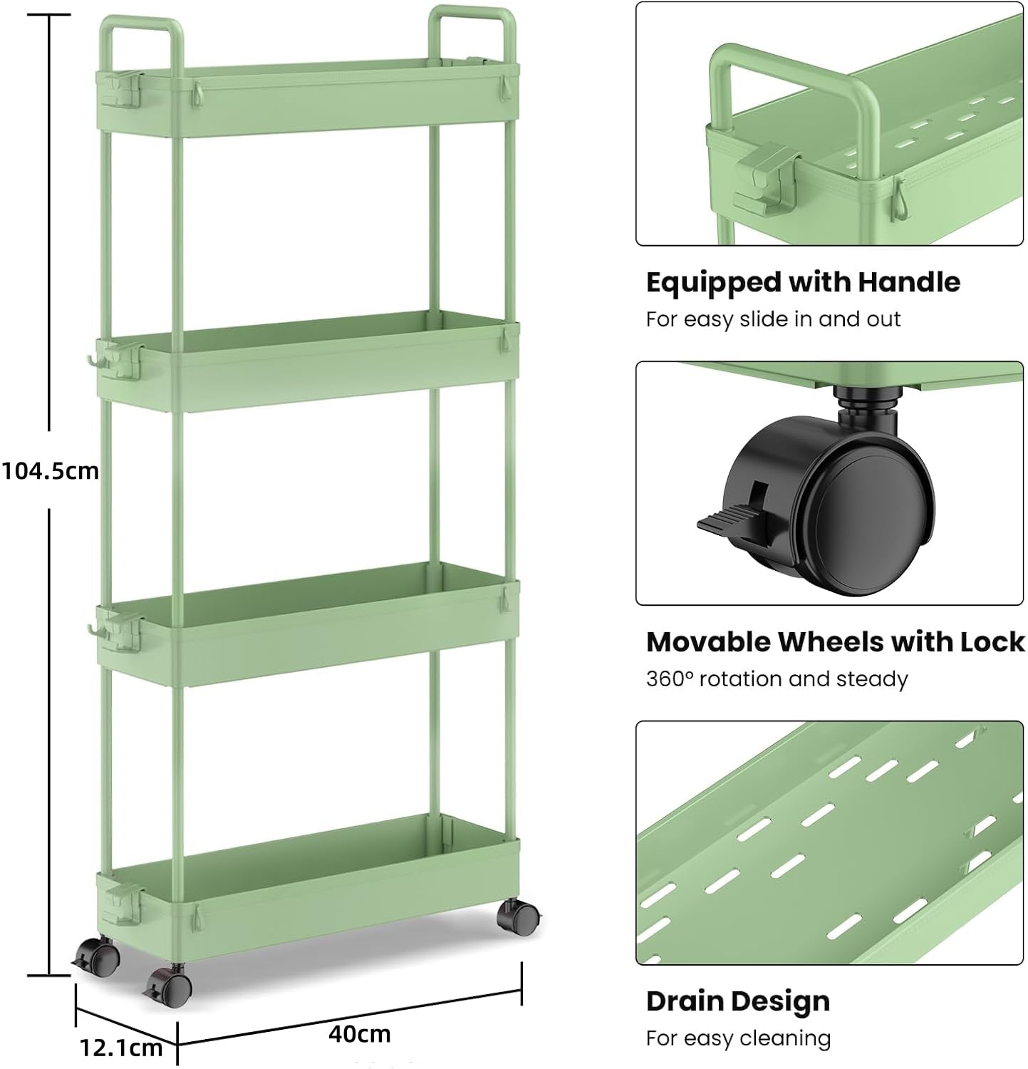 SOLEJAZZ Storage Trolley Cart Slim Rolling Cart Mobile Storage Shelving