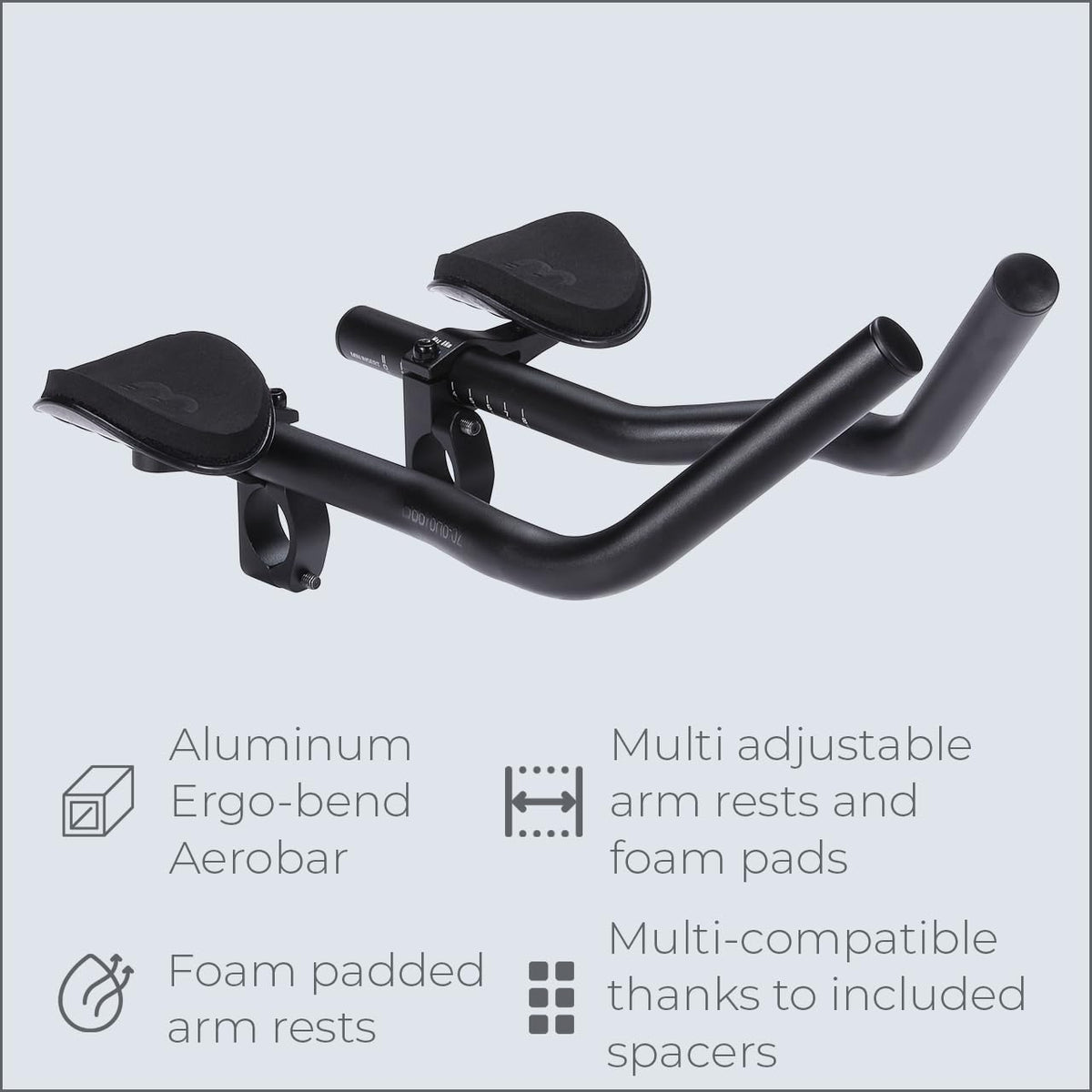 BBB Cycling AeroBase Aluminium Tri Bars Ergo-bend Aerobar for Road Bikes with Multi-adjustable EVA Arm Pads Compatible with 25.4/31.8 mm Bike