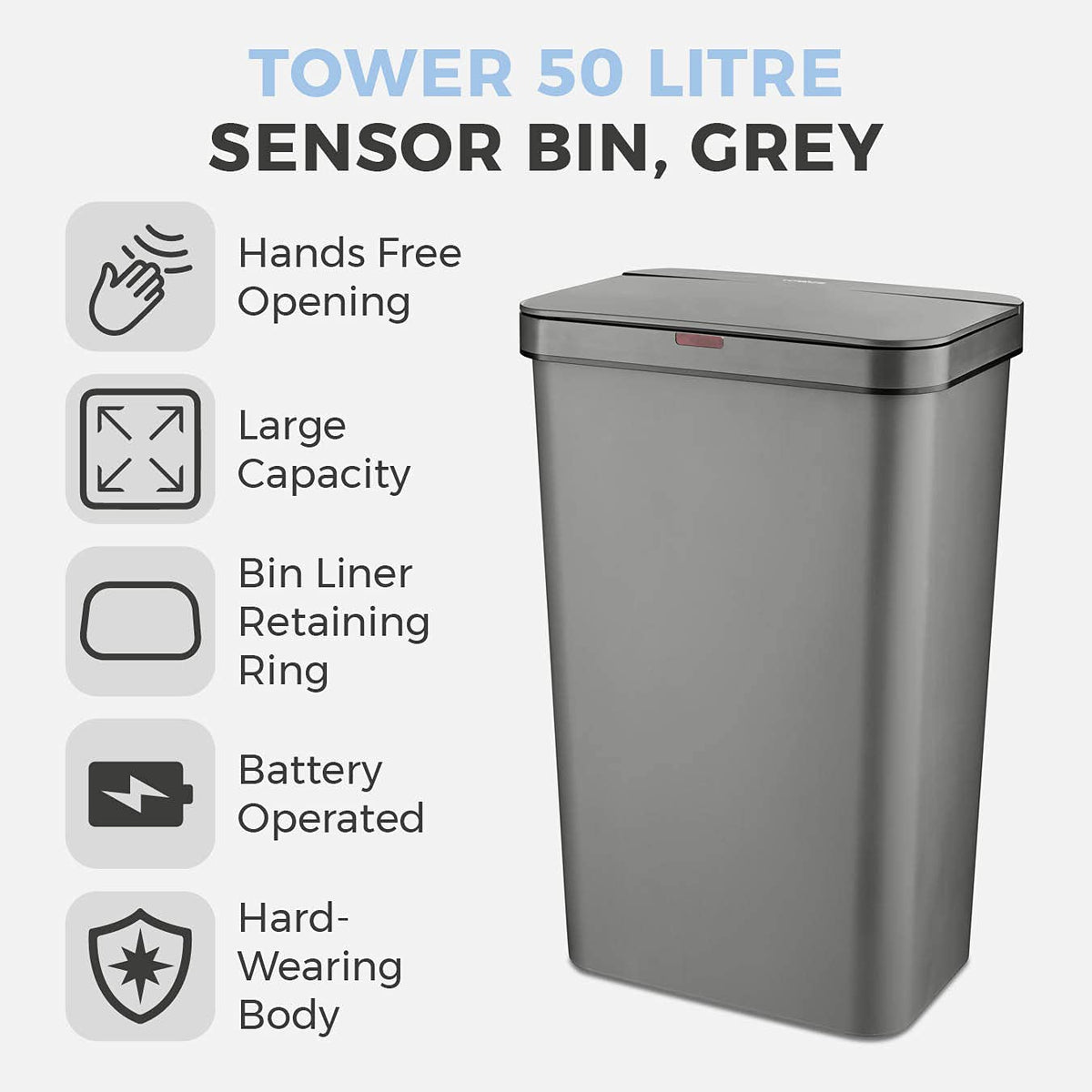 Tower T838005G Sensor Bin with Retainer Ring, Battery-Operated, 50L, Grey