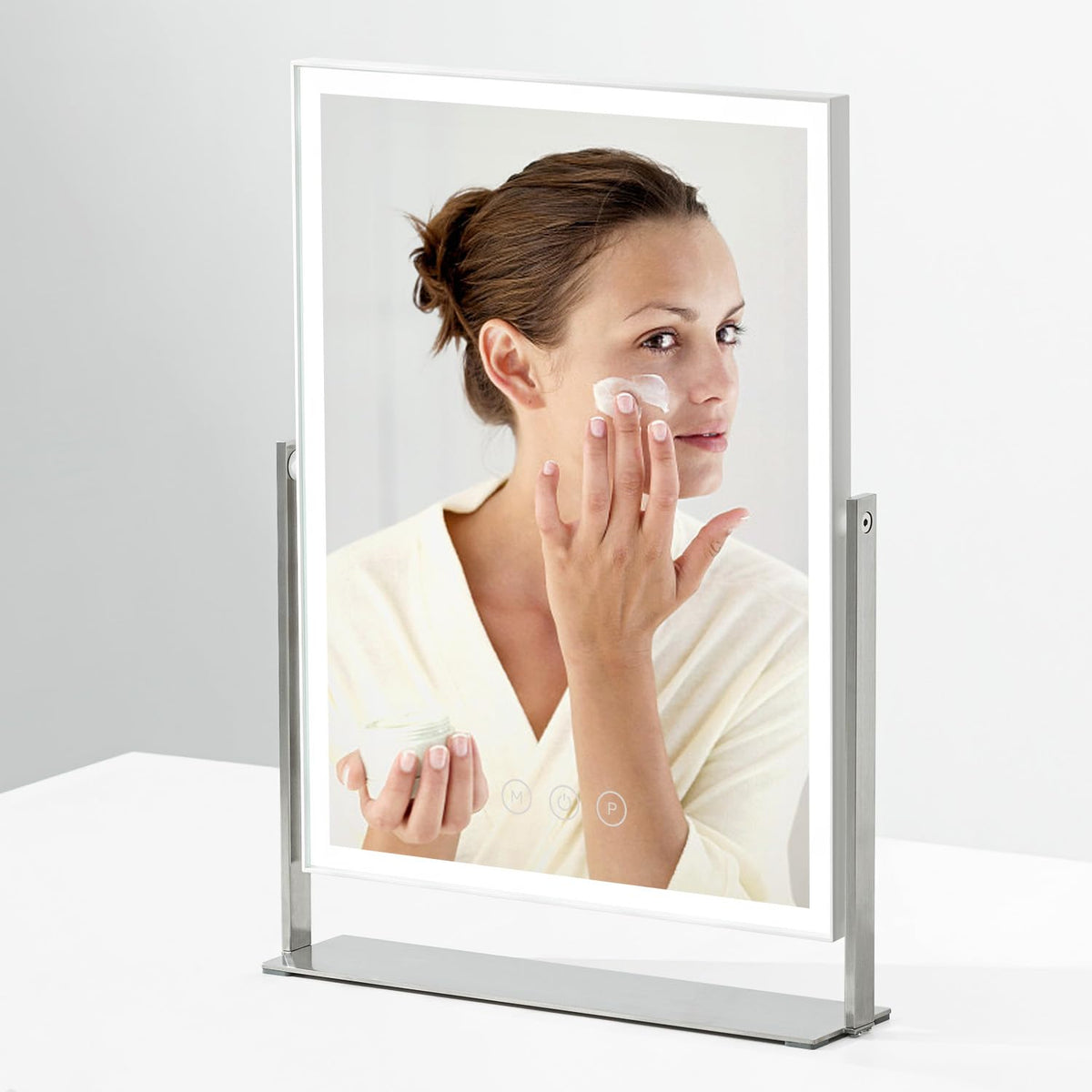 NEZZOE Rechargeable Makeup Mirror with Light, 35cm Rectangular Vanity Mirror with 3 Color Light, 360Ratation LED Mirror, Metal Stand Base Dressing