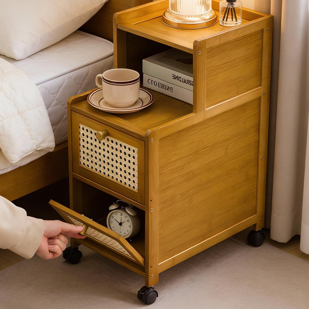VAVVIP Bamboo Bedside Table Slim with Drawer, Set of 2 Small Narrow Side End Tables for Bedroom