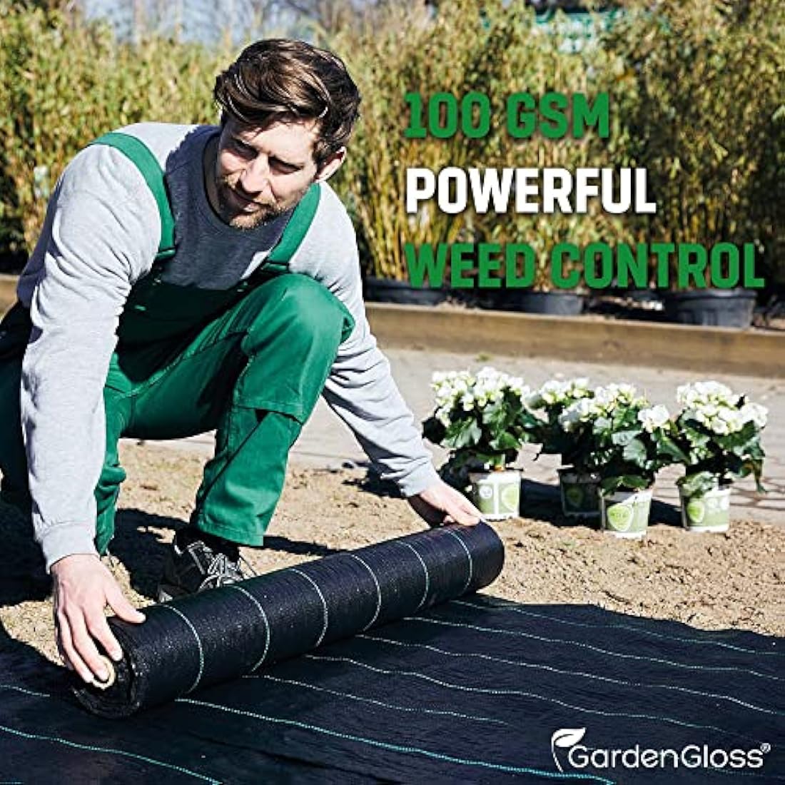 GardenGloss 30m2 Weed Control Membrane (100gsm) - Water Permeable and Tearproof Weed Barrier Fabric - Weed Control Fabric with High UV-Stabilisation (15m x 2m, folded)