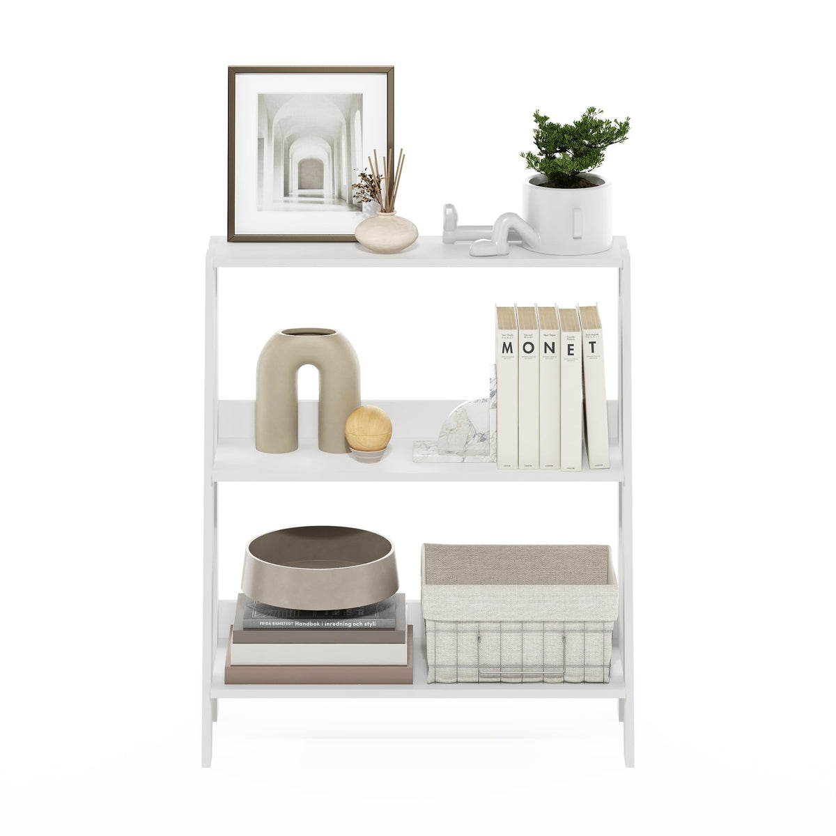 Furinno LADDER Shelf, 3-Tier Ladder Book Shelf, Bookcase, Storage Shelves, Storage Rack, for Organization and Storage, Living Room, Home Office, White