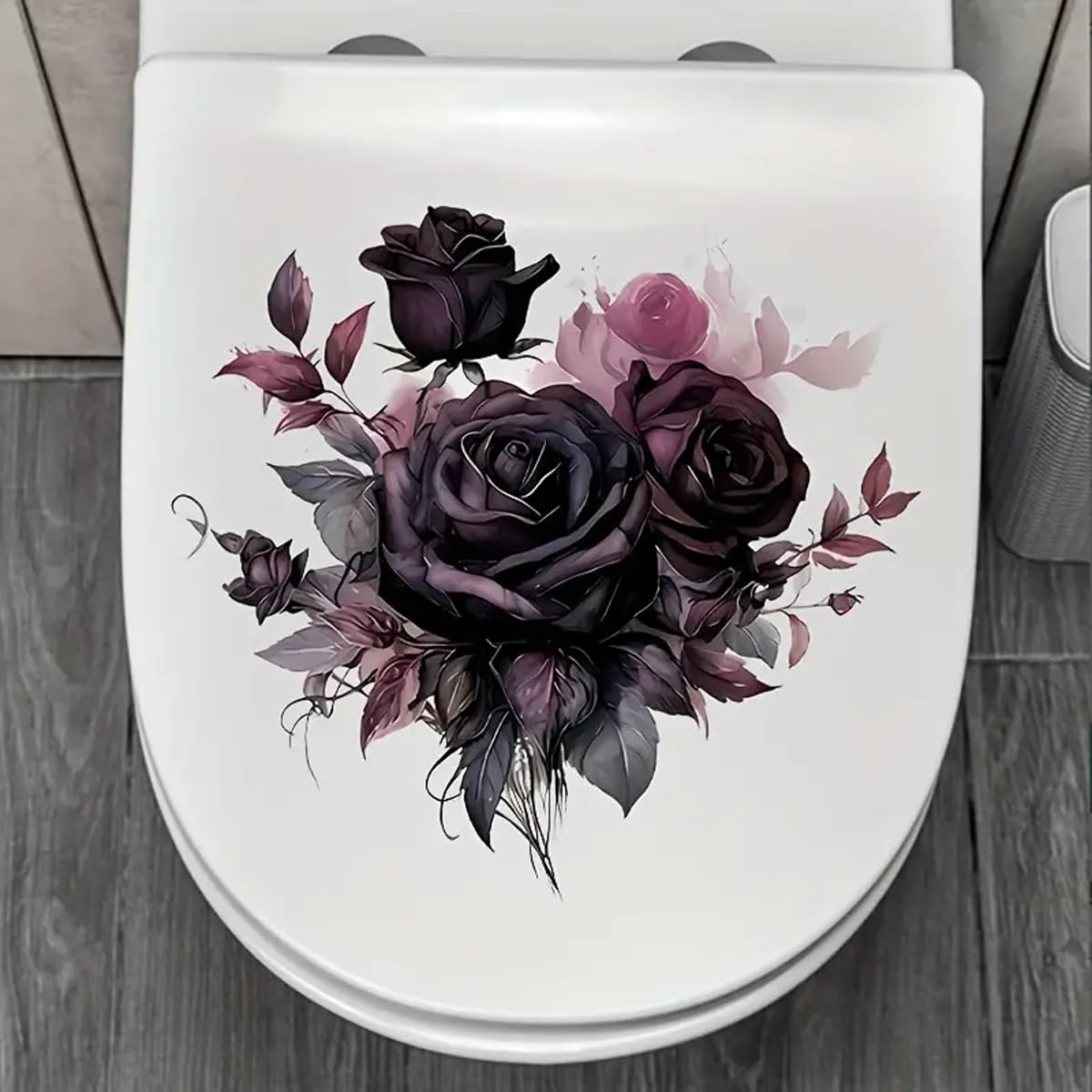 TOLOVIS Dark Rose Toilet Cover Sticker Decals,Flower leaf bird Waterproof Toilet Lid Tank Seat Decals Cistern Self-Adhesive Bathroom Wall Sticker