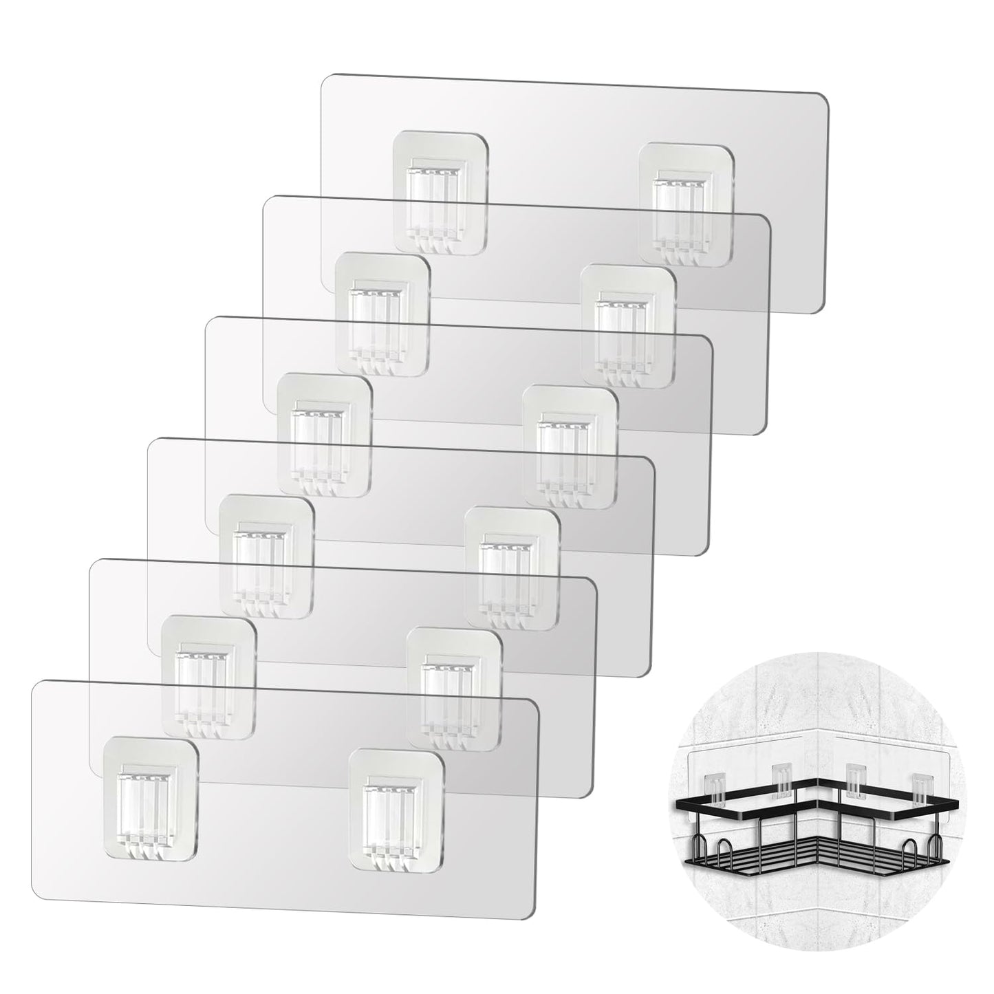 SUBTAVIK 6 Pcs Shower Caddy Adhesive Hooks Replacement, 6X14cm Transparent Sticky Hooks for Bathroom Kitchen (for Metal Strip Shower Caddy)
