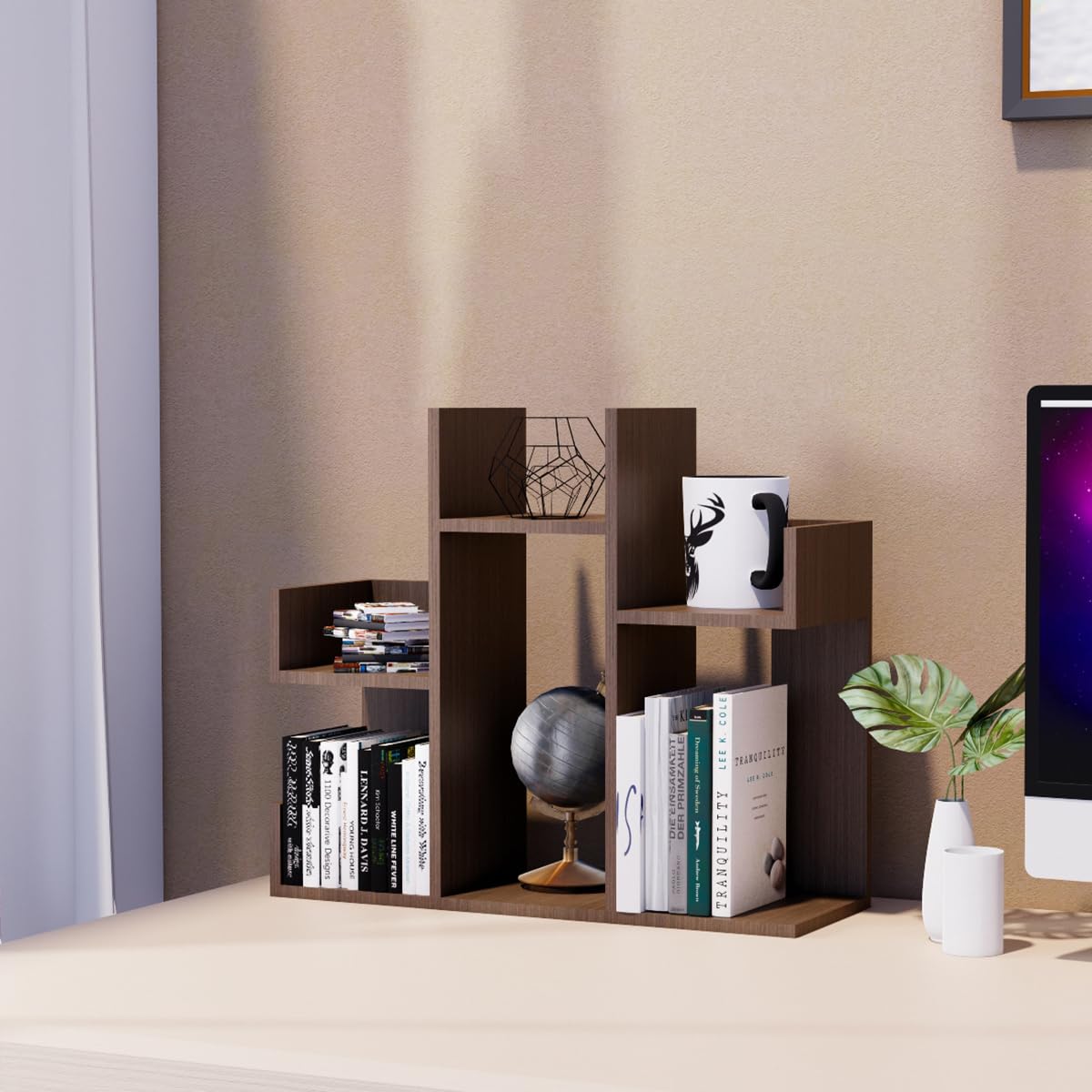 佳木の家 Desktop Wooden Storage and Display Shelf 56x47cm – Bookcase & Spice Rack for Home, Kitchen, Office