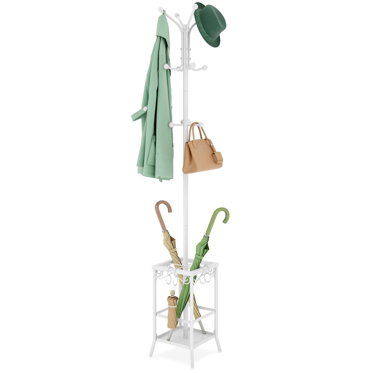 Hoctieon Coat Rack Freestanding, Coat Tree with Umbrella Holder, Metal Coat Rack Stand with 12 Hooks, Standing Coat Hanger Stand