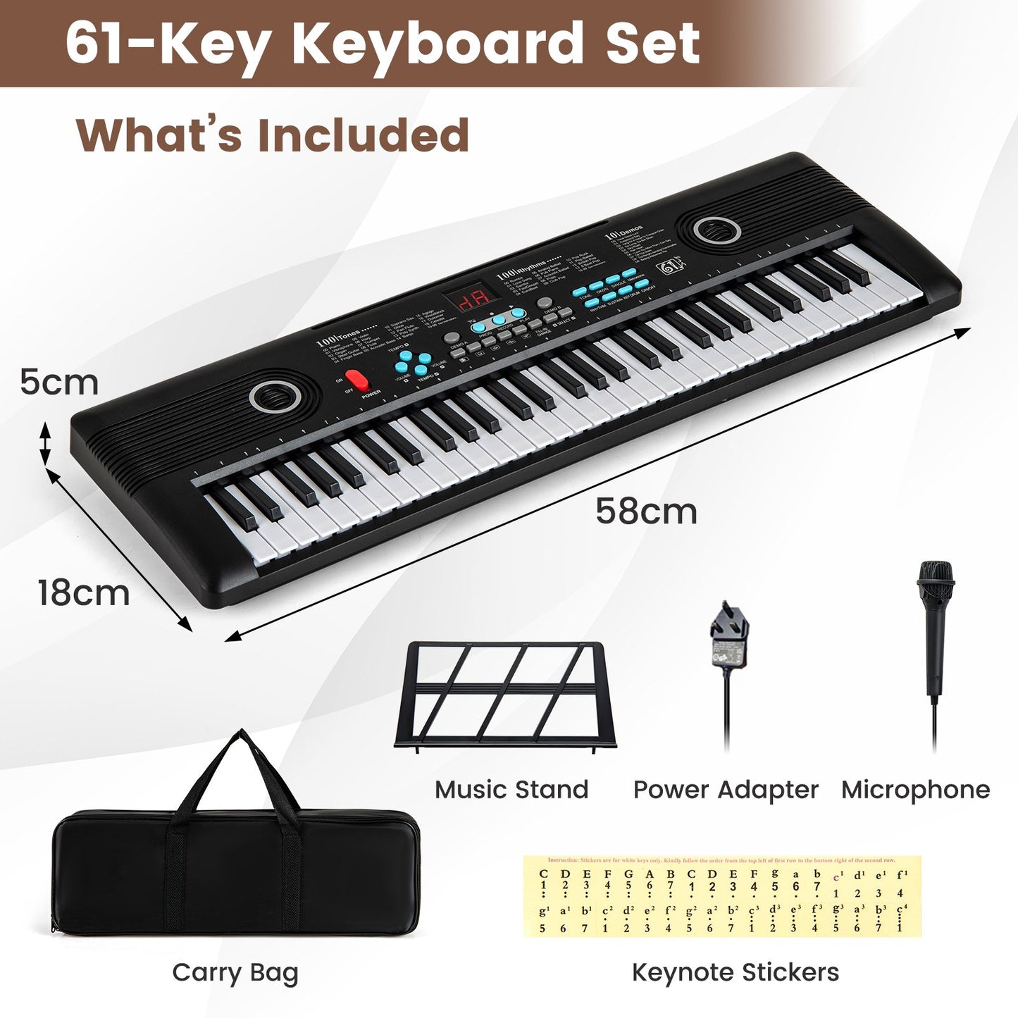 61 Key Keyboard Piano for Beginners Electric Portable Digital Piano-Black