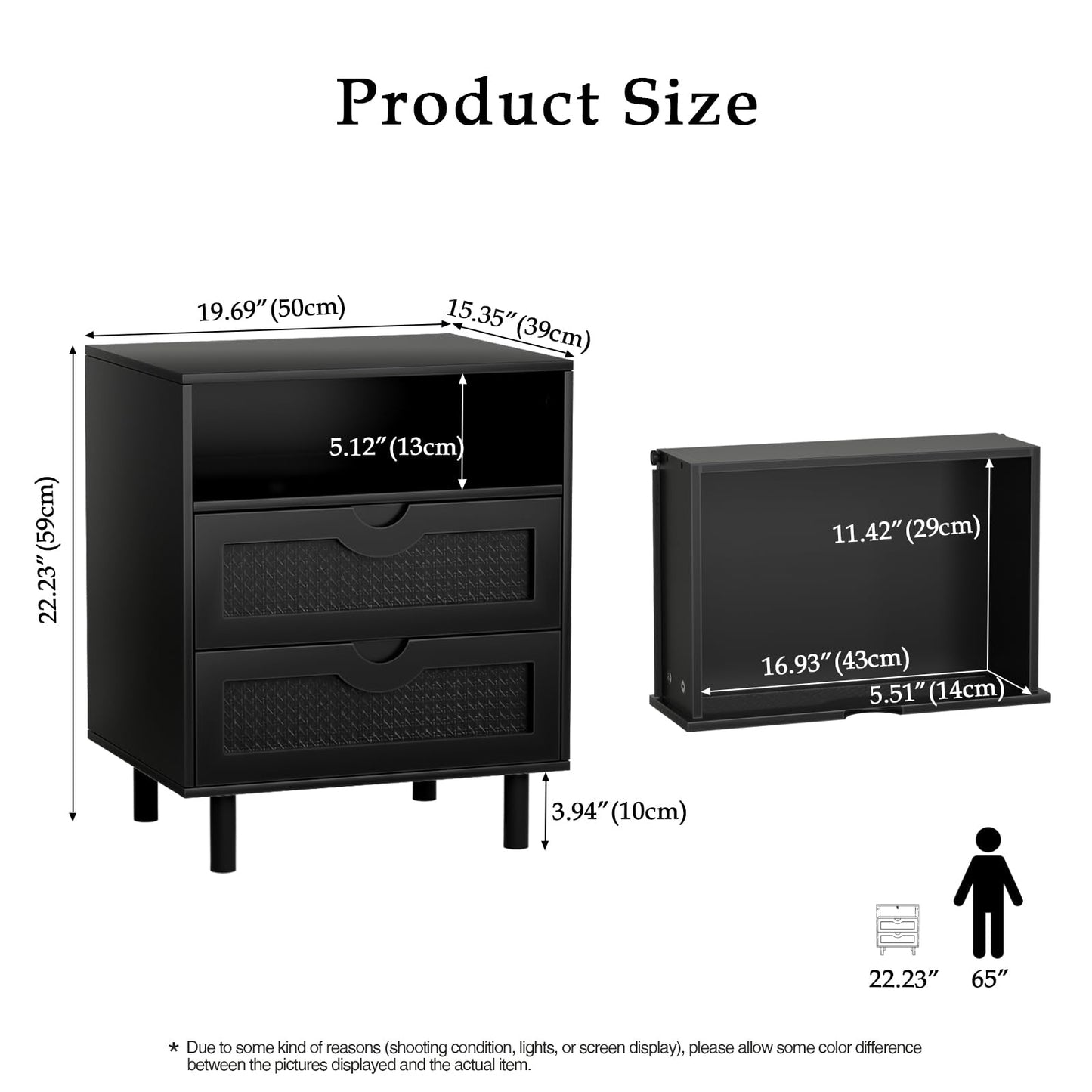 Skokliz Bedside Table with 2 Drawers, Black Rattan Nightstand with Open Shelf for Bedroom, Mid-Century Modern Side Table, 50cm W x 39.5cm D x 60cm