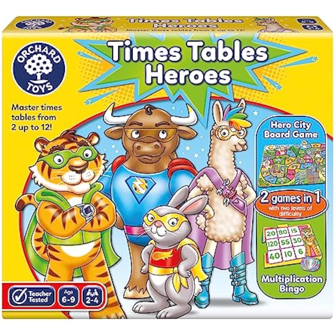 Orchard Toys Times Tables Heroes - 2 in 1 Maths Games for Kids with Multiplication Bingo and Counting Board Game - Children’s Learning and Educational Math Games for 6-9 Year Olds - 2-4 Players