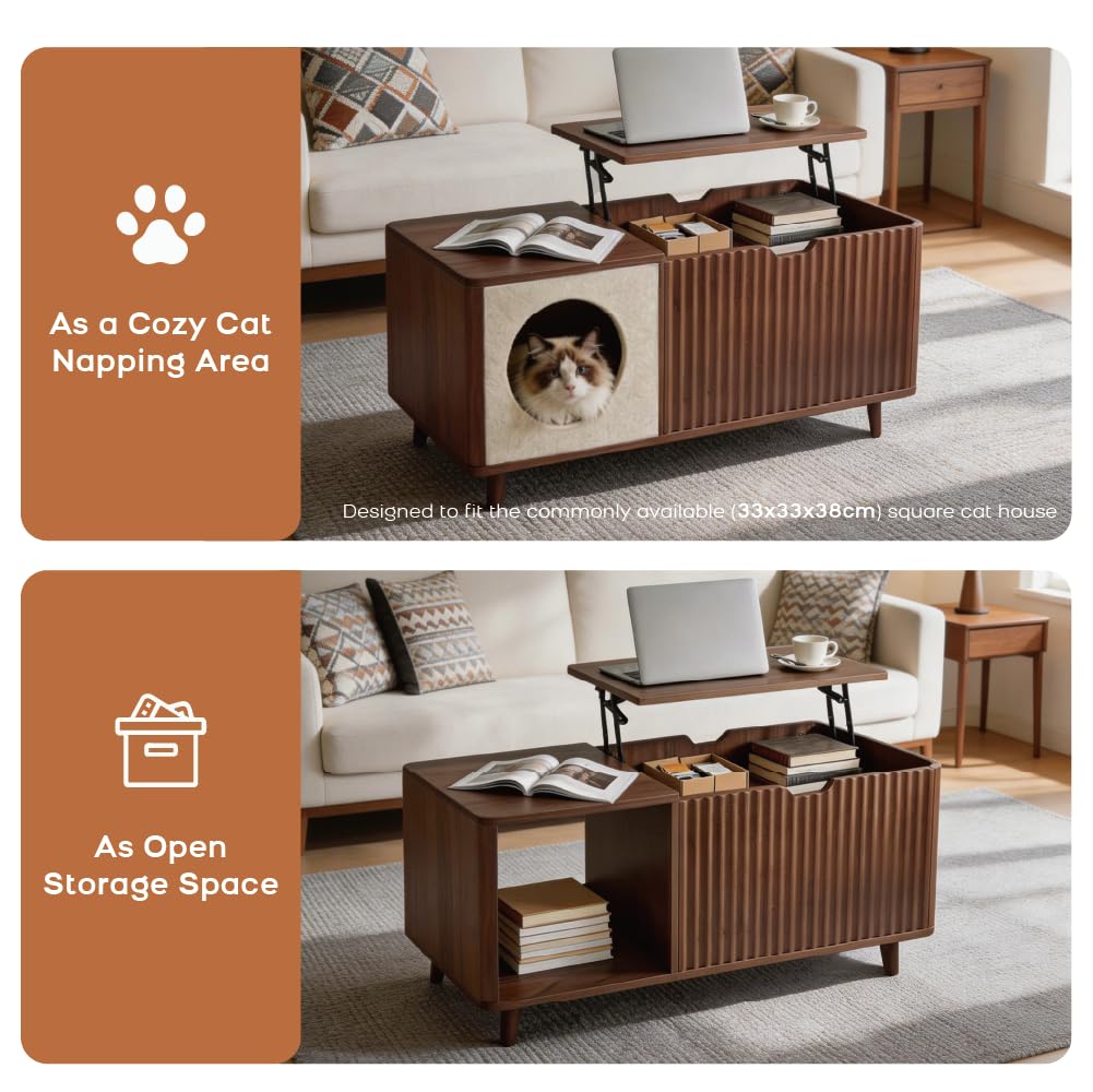 DAWNYIELD Lift Top Coffee Table, Fluted Design Lifting Tea Table, Oak