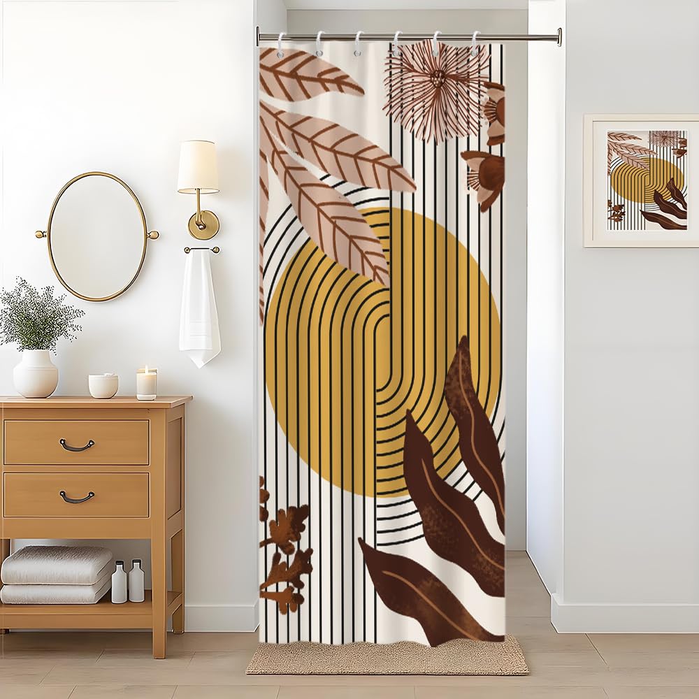 Uiiooazy Abstract Stall Shower Curtain, Boho Floral Mid Century Arch Plant Modern Minimalist Bath Curtain Anti Mildew Waterproof Polyester Fabric