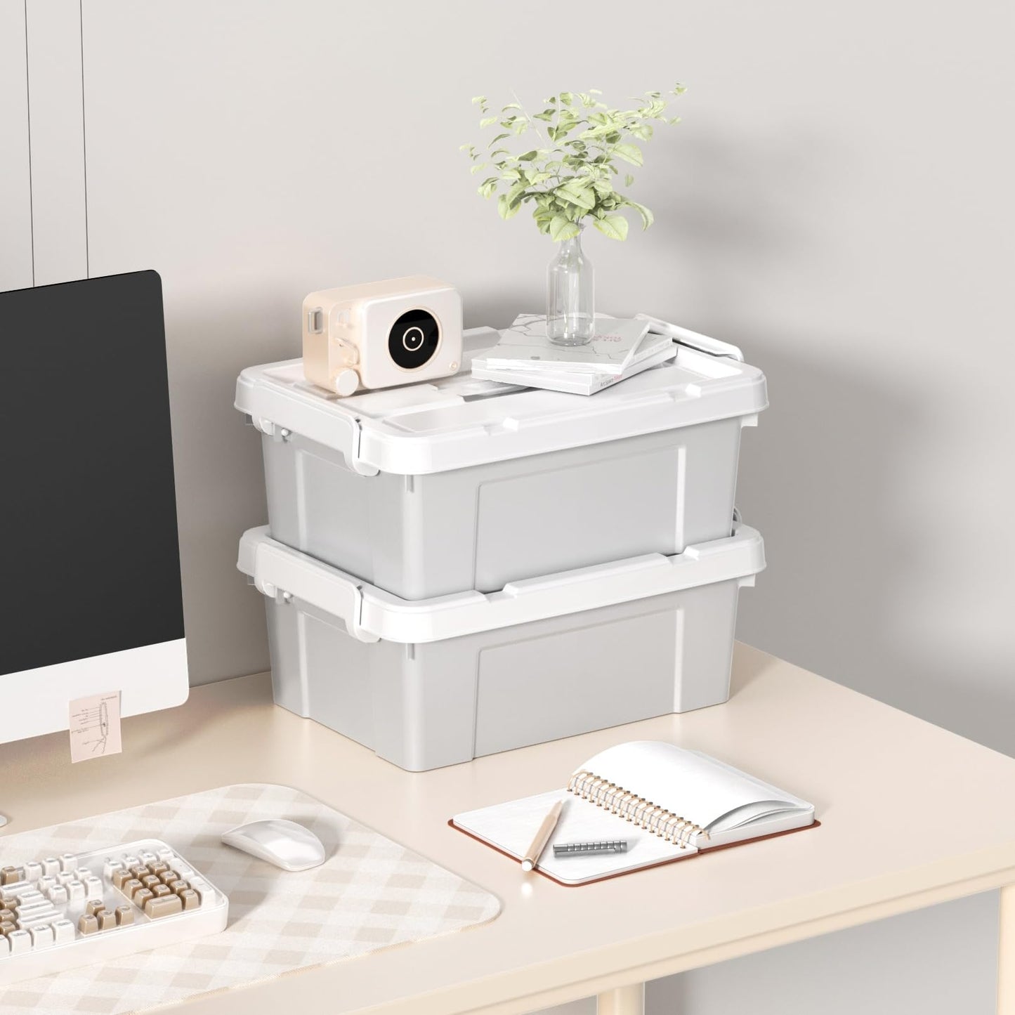 Cetomo 15L*4 Storage Boxes, Carry Plastic Storage Box with Lids, Organizing Container with Handle and Secure Latching Buckles, Stackable, Nestable
