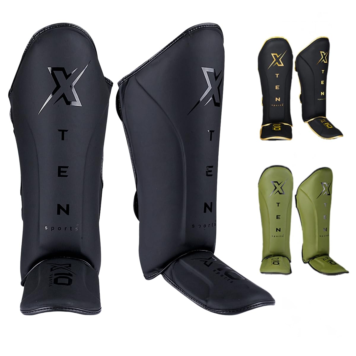 XTEN SPORTS Shin Guards Muay Thai, MMA, Gel Integrated Padding, Training Sparring, Boxing, Kickboxing, BJJ, Taekwondo Protective Gear, Matte Black, S
