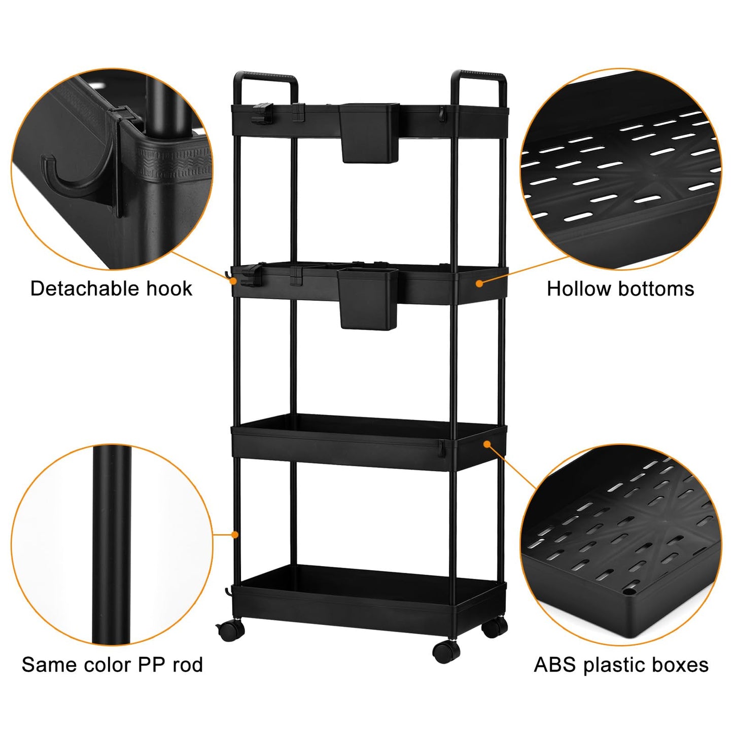 Wuudi 4-Tier Storage Trolley Cart, Slide-Out Cart with Wheels Rolling Utility Shelf Rack for Kitchen Bathroom with Hanging Cups & Partition