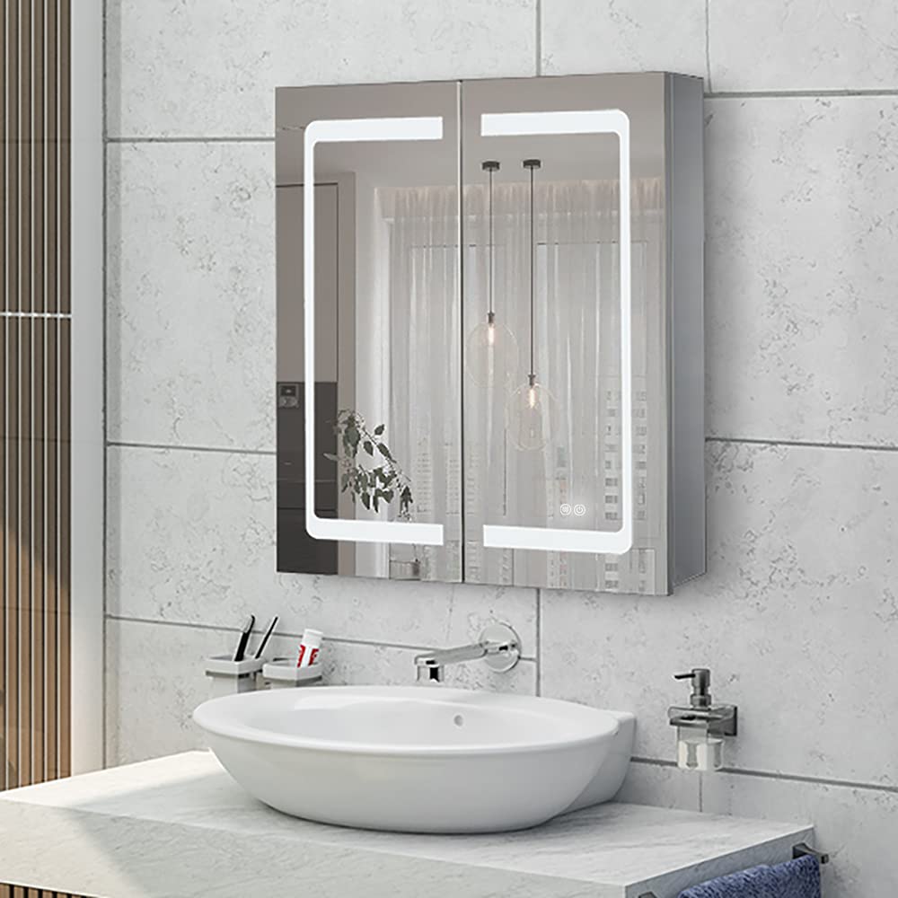 Janboe 24 Inch X 28 Inch Illuminated Led Mirror Cabinet for Bathroom Stainless Steel Wall Mounted Medicine Cabinet with Double Touch Switches for Clor