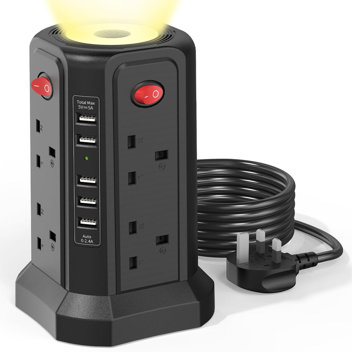 Tower Extension Lead with USB Slots and Night Light, (13A 3250W)5 USB Ports & 8 Way Socket Extension Tower, Surge Protected Extension Lead with 4