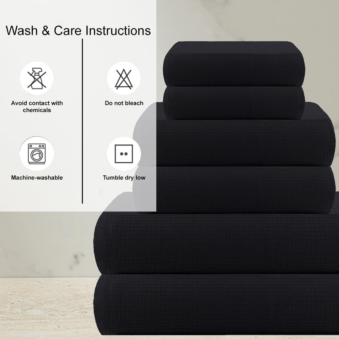 CASA COPENHAGEN Waffle Terry 6-piece set, cotton, extra large, luxurious, black, 2 bath towels XL, 70x140 cm, 2 large hand towels, 50x80 cm