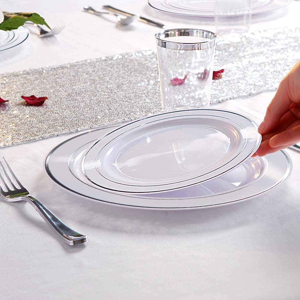 LATERN 150Pcs Multi-Use Silver Plastic Dinnerware Set, 25 x Resuable Dinner Plates, 25 x Salad Plates, 25 x Knives, 25 x Mini Forks, 25 x Spoons, 25 x