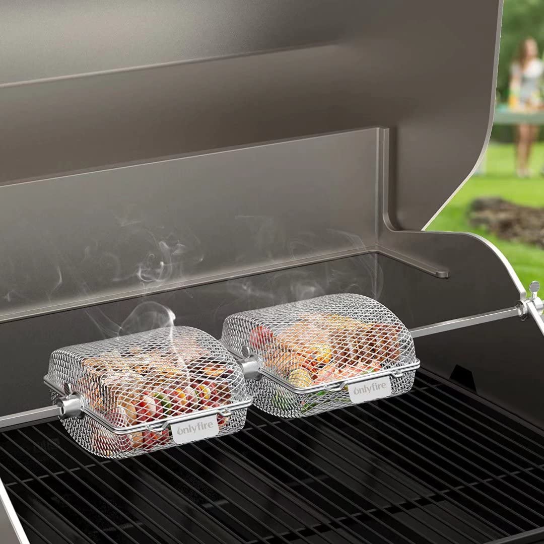 Onlyfire 2-Pack Rotisserie Spit Grill Basket Cage,Stainless Steel/Mini Size 17 * 15 * 9cm,Fits most Charcoal and Gas grills