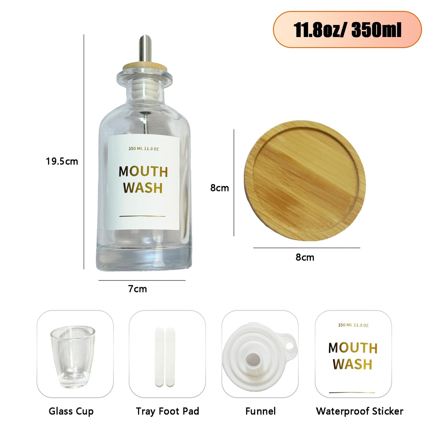Yumzxin 11.8OZ Glass Mouthwash Bottle with Bamboo Tray & Stainless Steel Nozzle, Refillable Bathroom Organizer, Essential Oil Dispenser