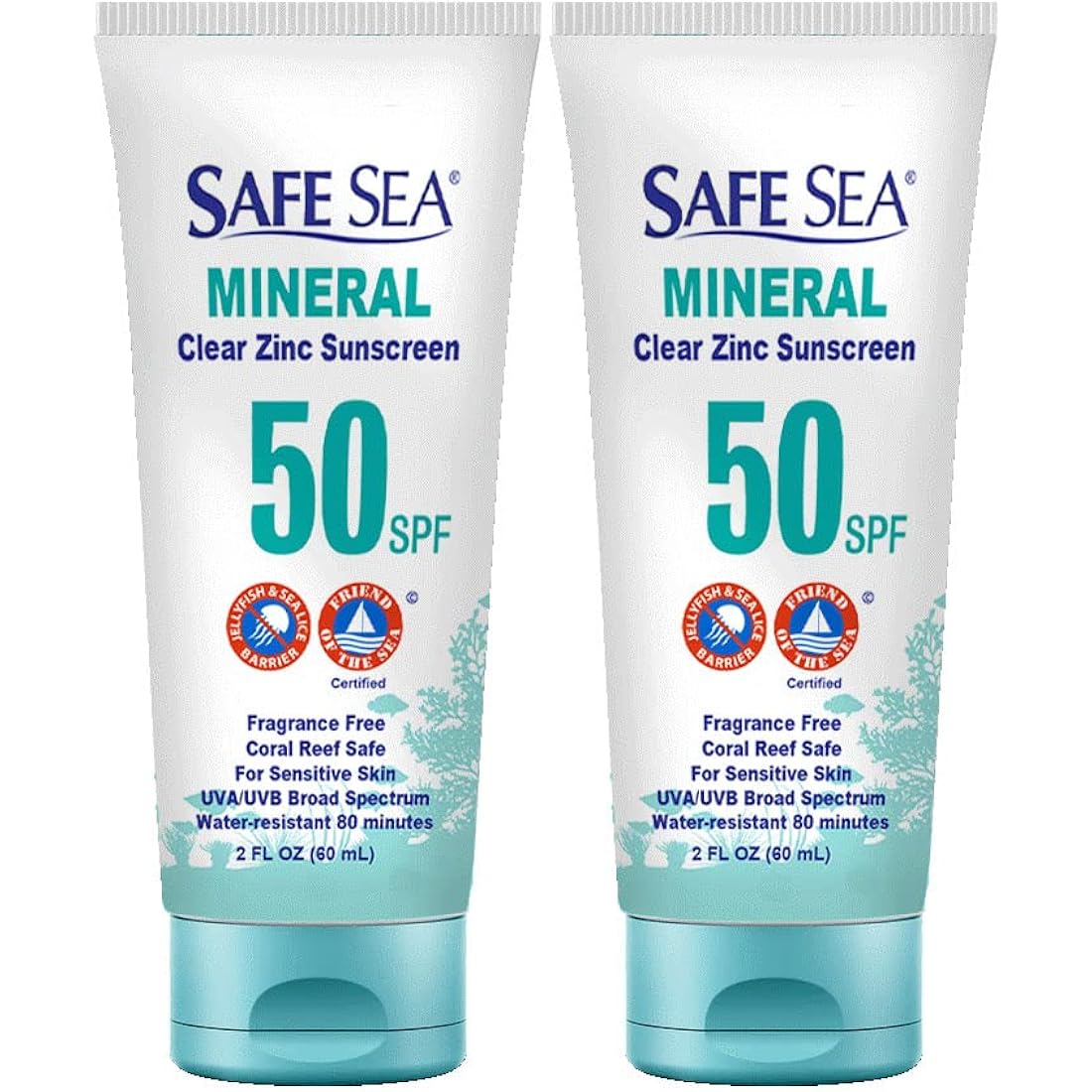 Safe Sea Zinc Oxide Sunscreen SPF50 | Clear Mineral Face Sunscreen Without White Cast | Anti-Jellyfish Sting Protective Lotion | Coral Reef Safe | Travel Size - 60ml (2 tubes)