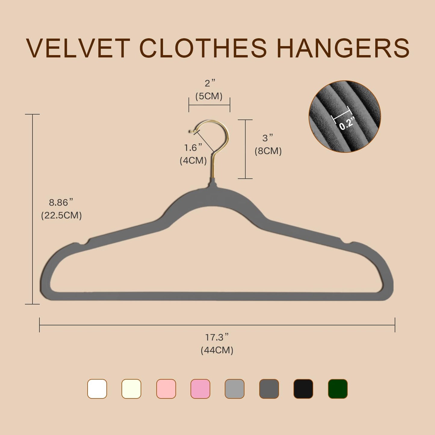 Wellong 36 Packs Velvet Clothes Hangers, 45cm Non-Slip Skirt and Dress Hangers With Shoulder Notches - Space Saving, Sturdy, Grey With Gold Hook