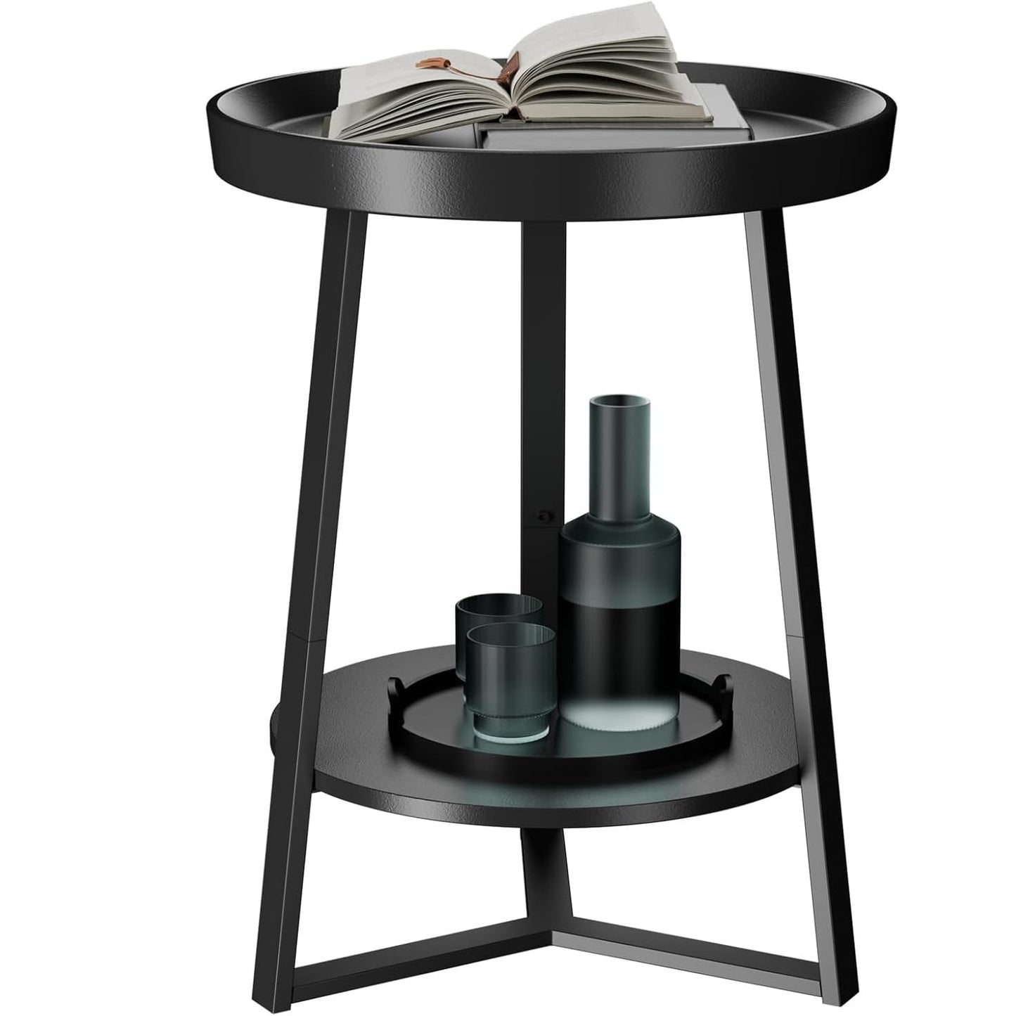 HOME BI Round End Table with Storage Shelf, 2 Tier Farmhouse Circle Side Table Nightstand for Living Room, Bedroom,Black Wood Grain