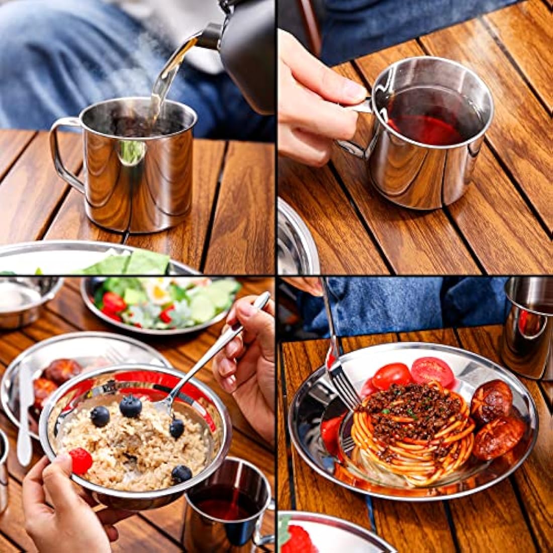 Odoland Camping Cutlery Set - Stainless Steel Tableware Mess Kit Includes Plate Cup Fork Spoon, 8 in 1 Flatware Kit with Mesh Bag - Dinnerware Utensils Set for Outdoor Camping Hiking and Picnic