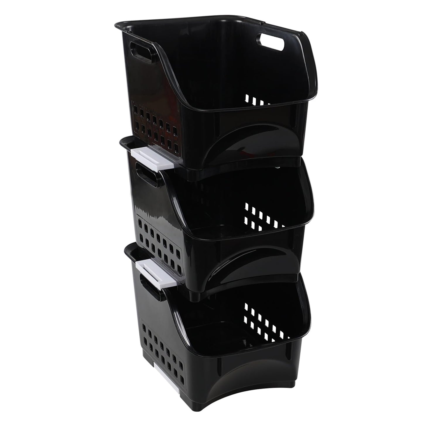 Waikhomes 3 Pack Plastic Stacking Storage Basket, Stackable Storage Bin, Black