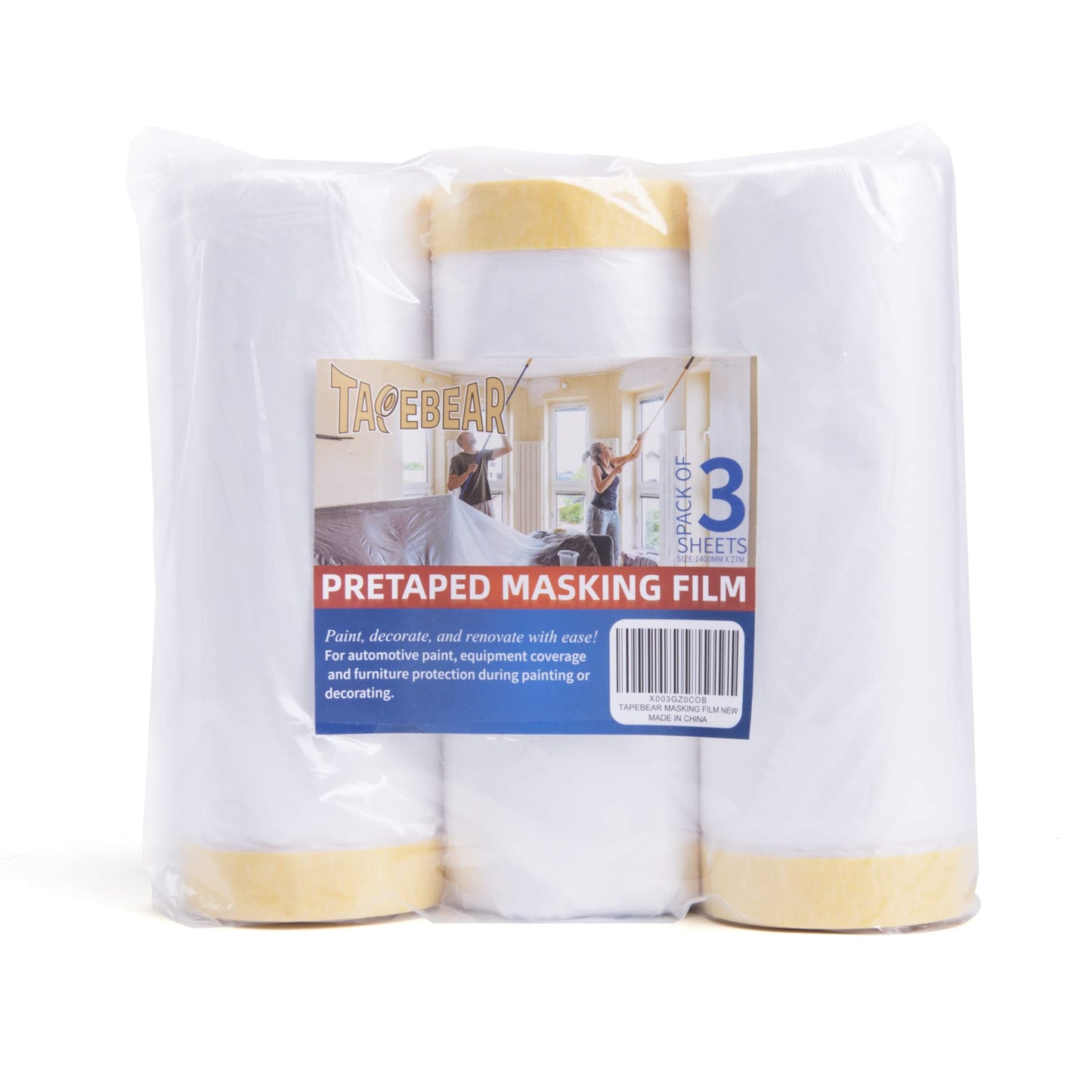 TAPEBEAR Pre-Taped Masking Film, Tape and Drape, Plastic Sheeting Roll, Automotive Painters Masking Tape Film, Plastic Sheeting Cover for Appliance