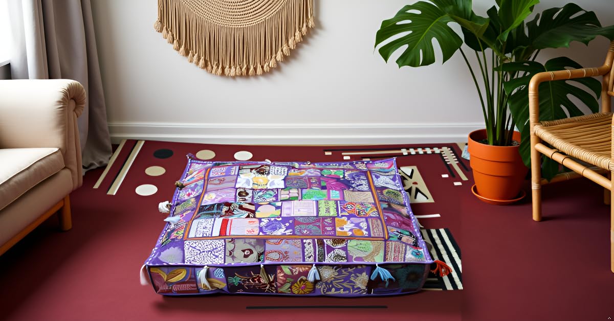 CRAFT KALA Indian Square Patchwork Traditional Pouf Cover Indian Living Room Poufs Decorative Embroidered Designer Ottoman Home Footstool Chair Cover