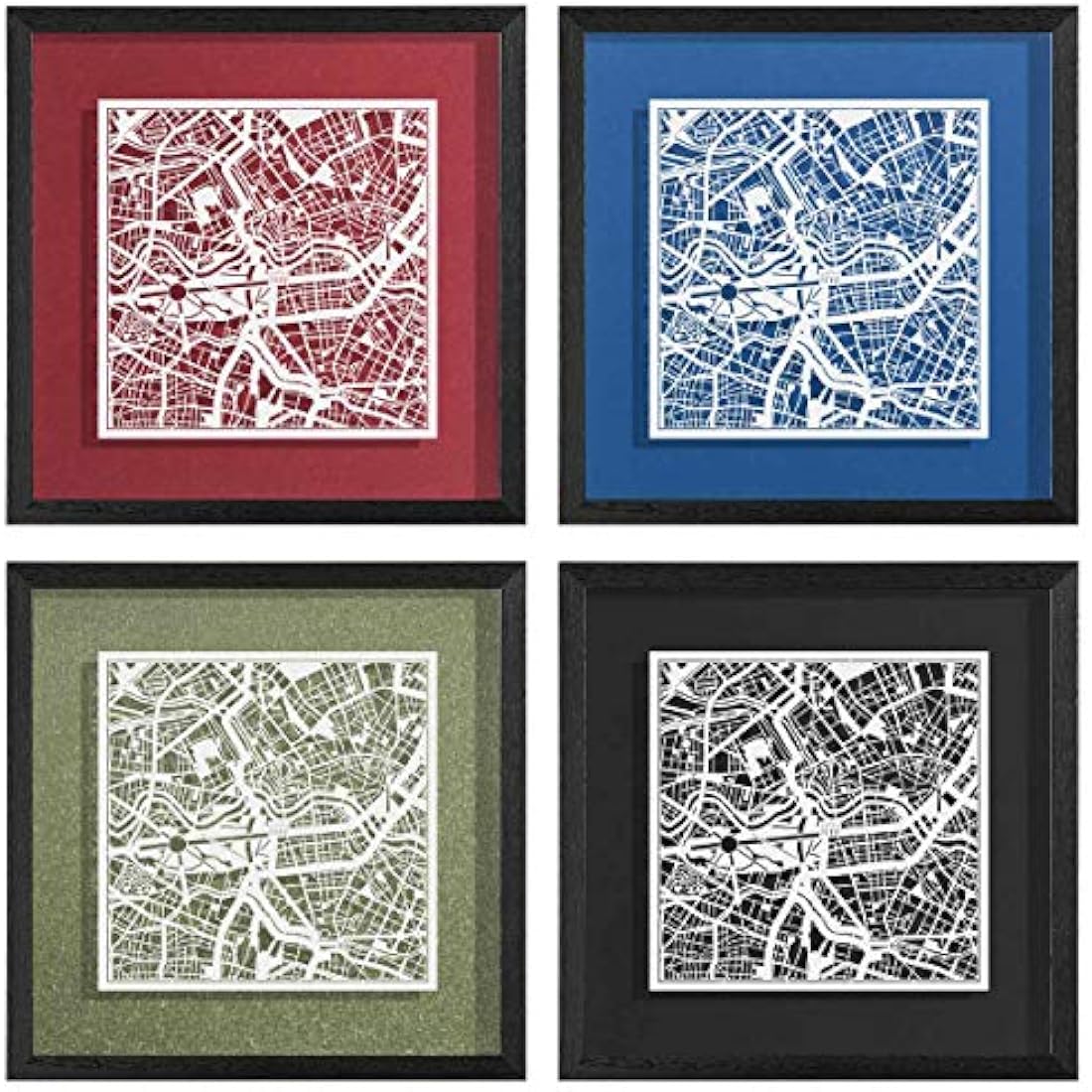 O3 DESIGN STUDIO Berlin Marco de Papel para mapas, White map, Black frame, 9x9 inches, Gift Boxed, 4 background color, self-changing, Paper Art