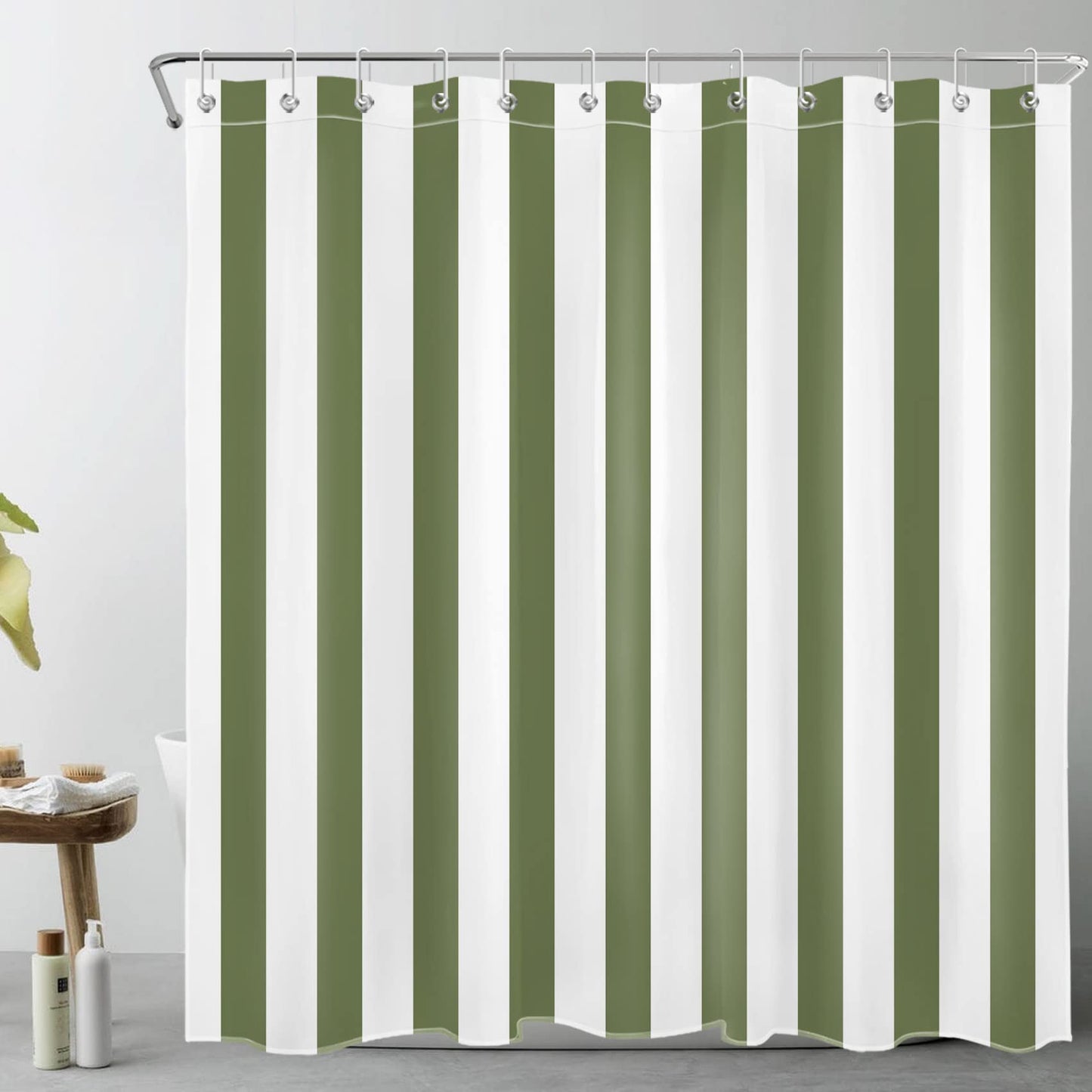 LB Sage Green and White Striped Fabric Shower Curtain for Bathroom with 12 Hooks, Vertical Stripe Shower Curtains for Bathroom, Modern Farmhouse