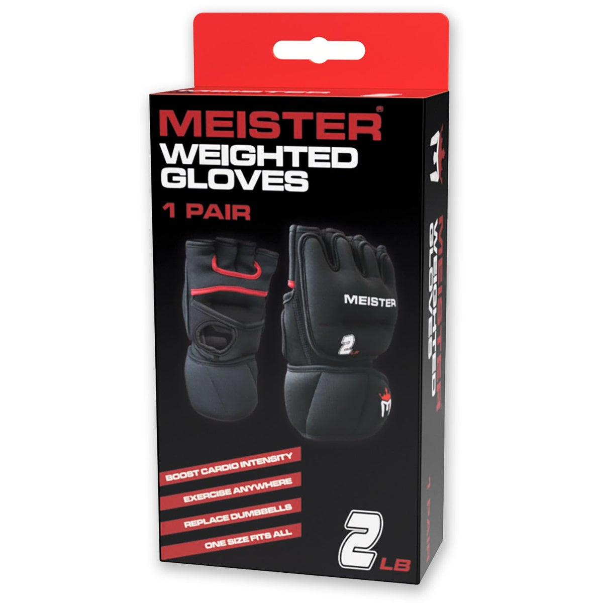 Meister 2 Pound Neoprene Weighted Gloves for Cardio & Heavy Hands (Pair) - 2lb x 2 - Black/Red
