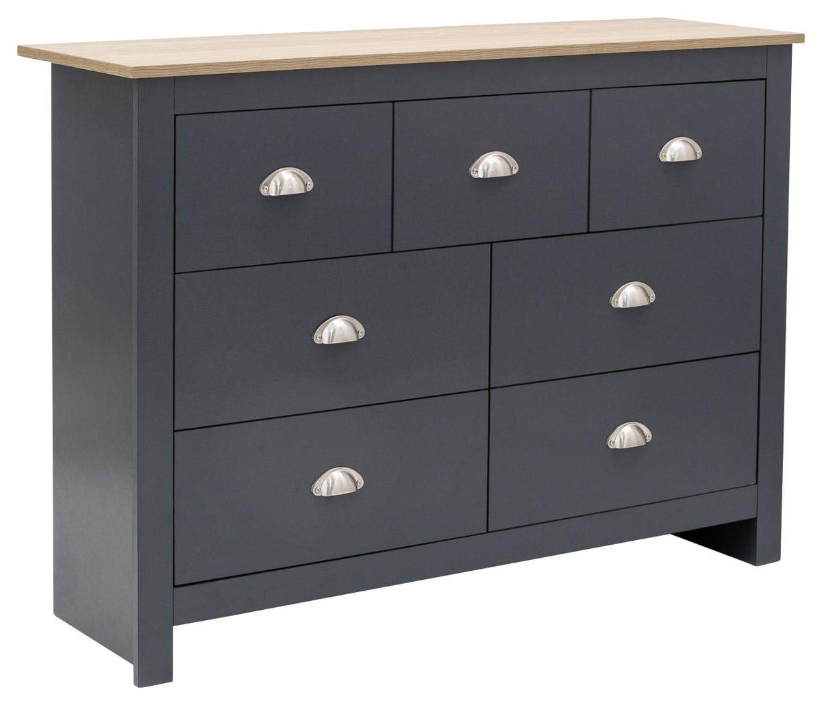 GFW Lancaster Slate Blue and Oak 7 Drawer Merchant Chest of Drawers, Country Style Bedroom Storage Unit with Oak Effect Top