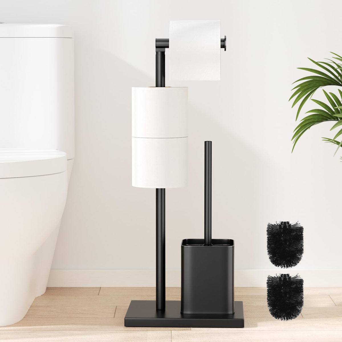 Stainless Steel Toilet Roll Holder with Toilet Brush - Toilet Roll Holder Free Standing, Susswiff Toilet Paper Holder and Toilet Brush, Matte Black