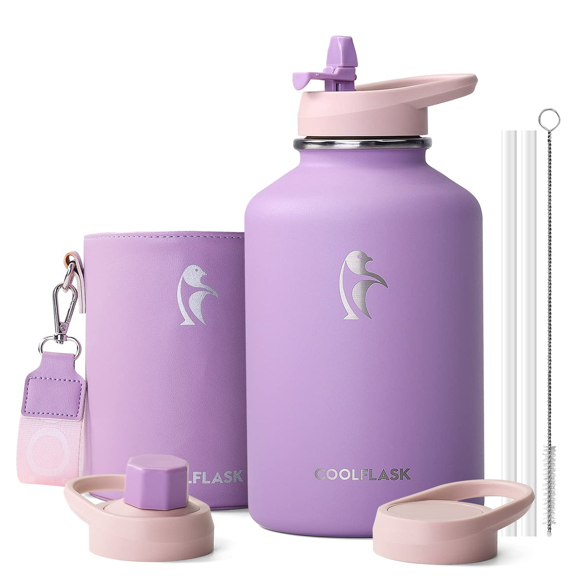 Coolflask 2L/64oz Water Bottle Insulated with PU Leather Sleeve, Stainless Steel Water Bottle Color Contrast with Straw Lids, Half Gallon Metal Water