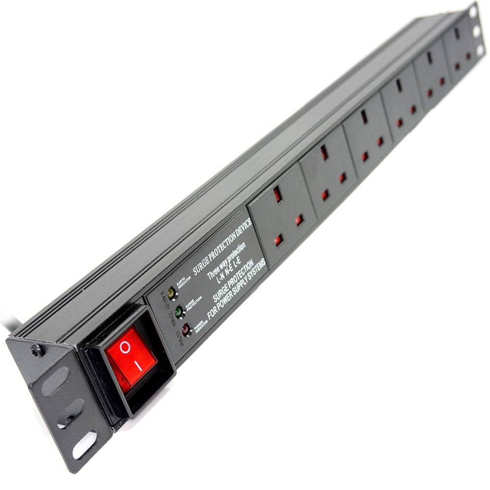 kenable Power Distribution Unit PDU 6 Way UK Sockets Horizontal Surge to 13A UK Plug 19 inch Rack Mounted 1U [6 Way Horizontal SURGED]