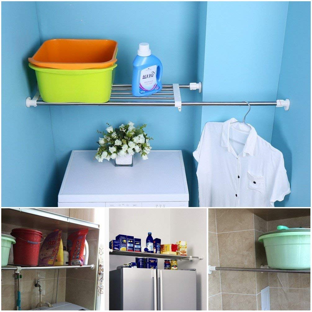 BAOYOUNI Expandable Shelf Airing Cupboard Tension Rod Extendable Wardrobes Rail Top Refrigerator Kitchen Bathroom Wall Storage Rack Organiser Heavy