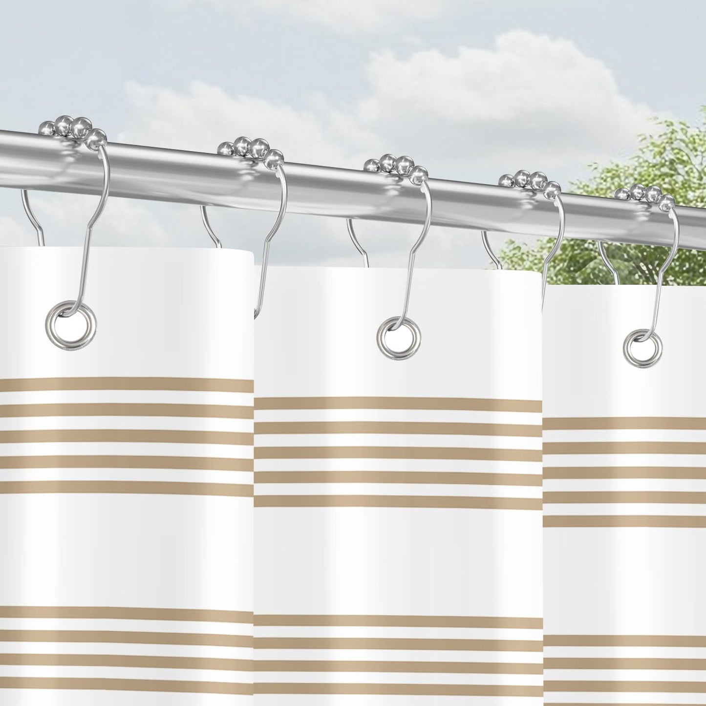 Lerores Shower Curtain, 120 x 200 cm, Beige Striped Design, Weighted Hem, Anti-Mould Textile, Water-Repellent, Washable Polyester Bath Curtains with